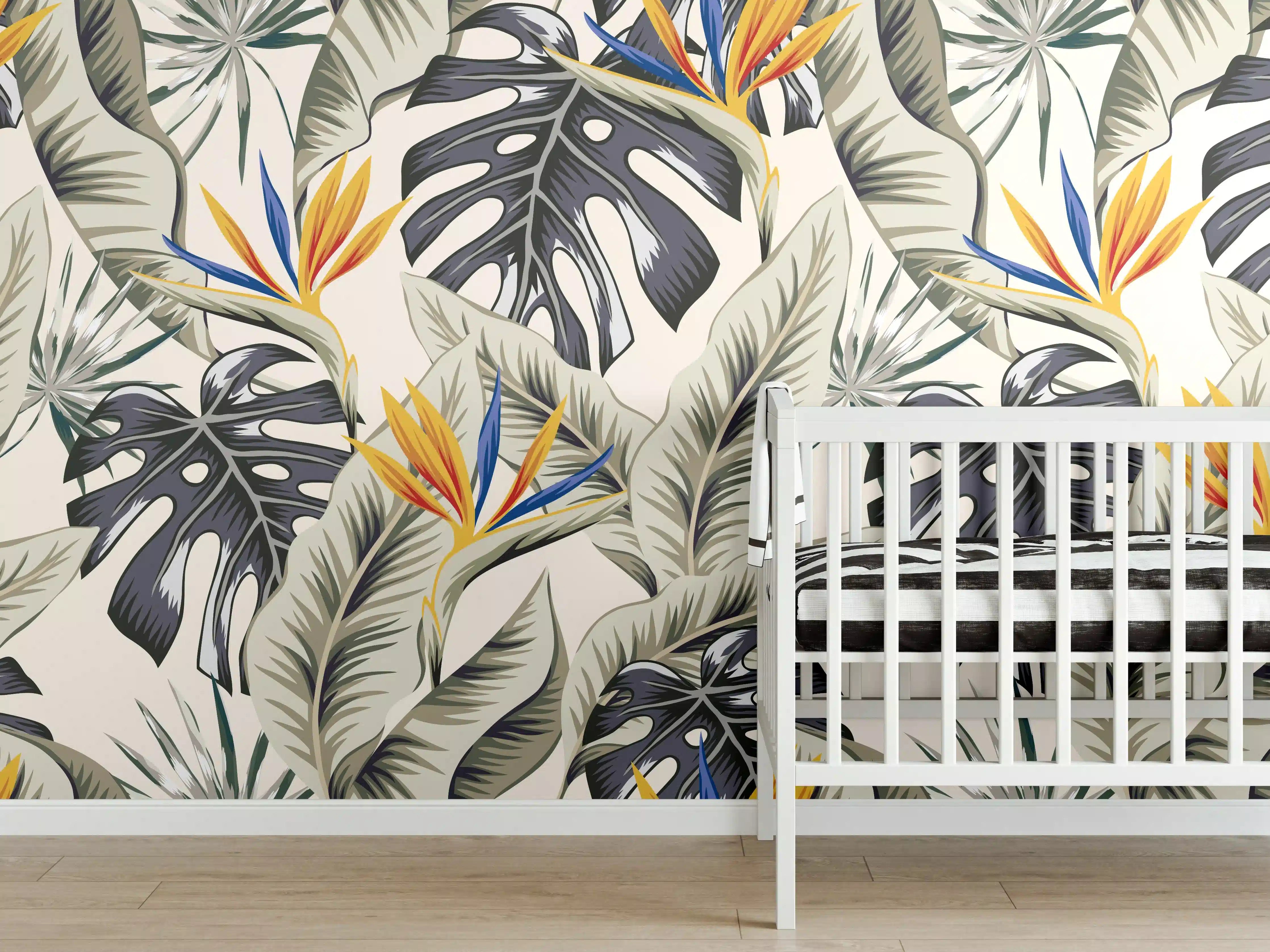 Babyzimmer Wandgestaltung - Strelitzia Tropenblätter Beige-Orange