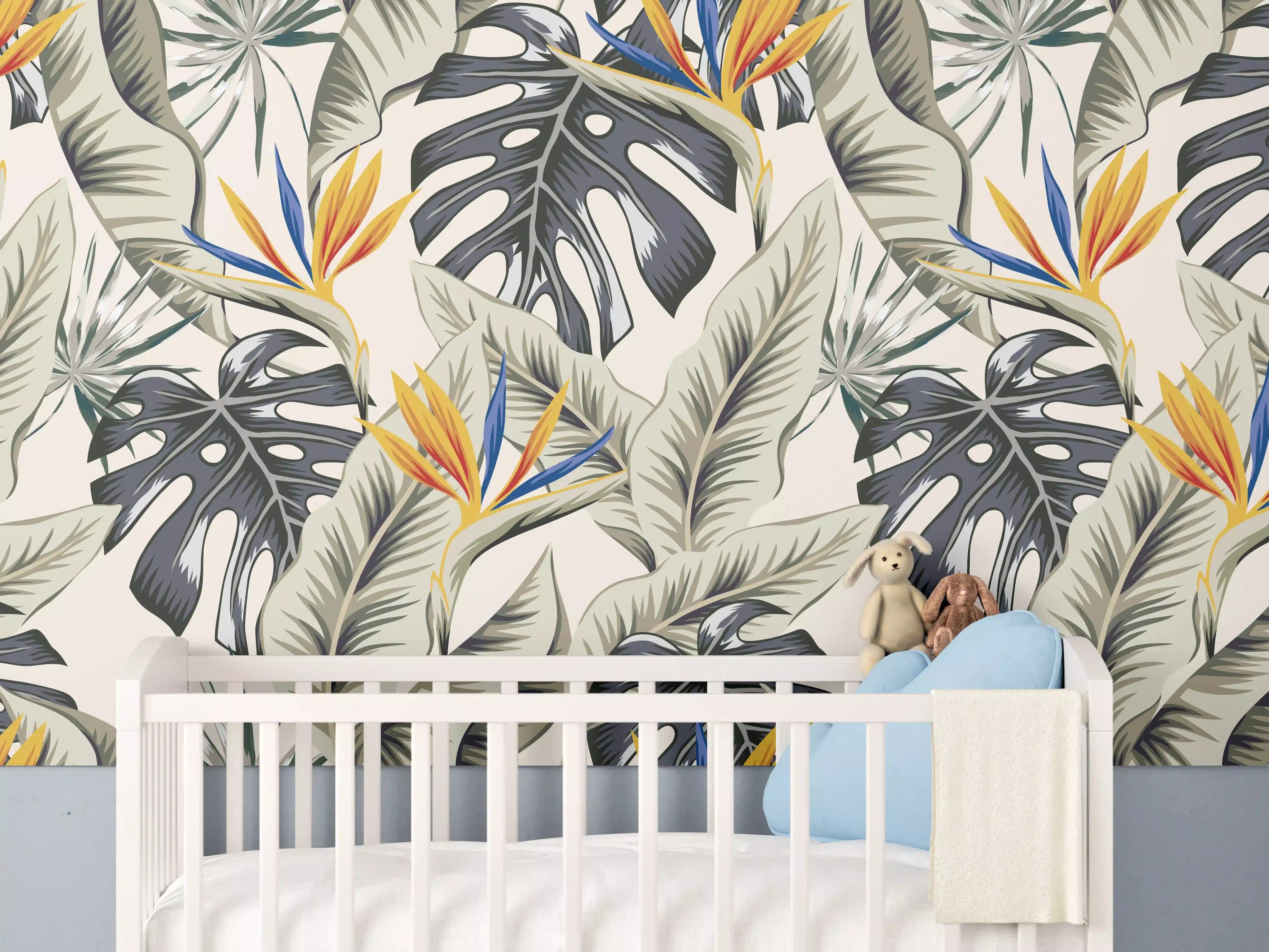 Babyzimmer Wandgestaltung - Strelitzia Tropenblätter Beige-Orange