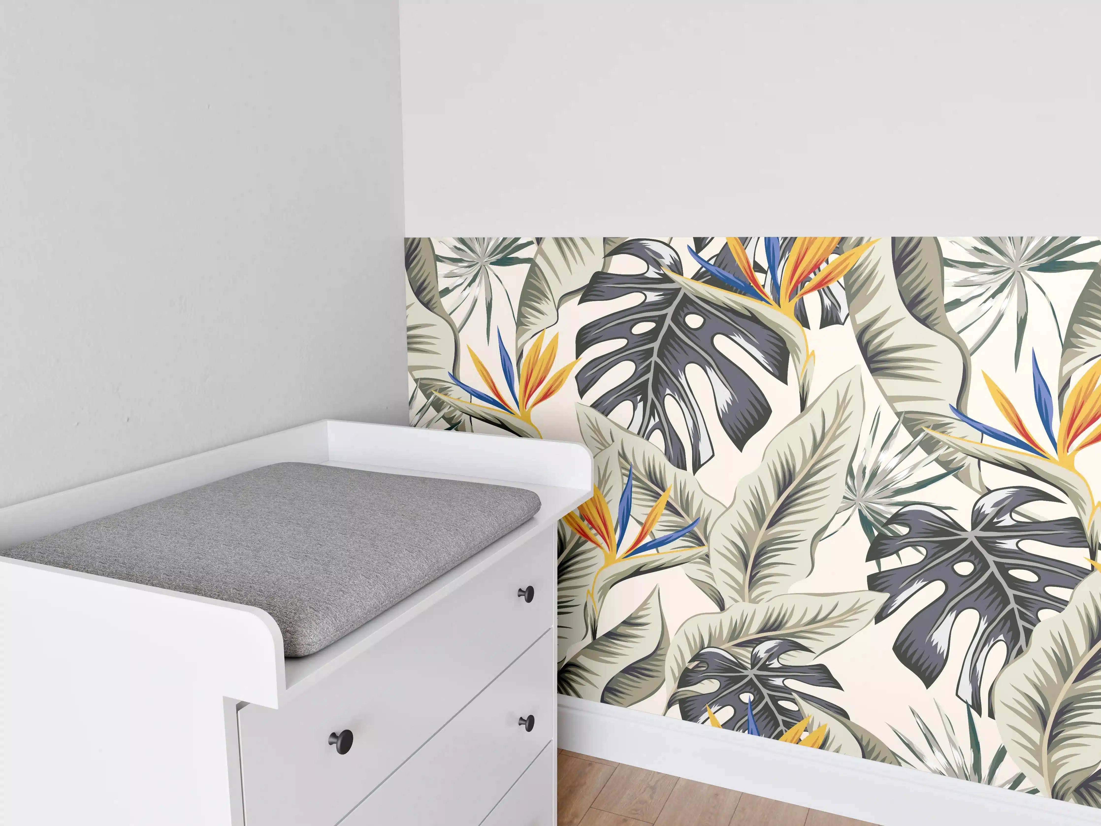 Babyzimmer Wandgestaltung - Strelitzia Tropenblätter Beige-Orange