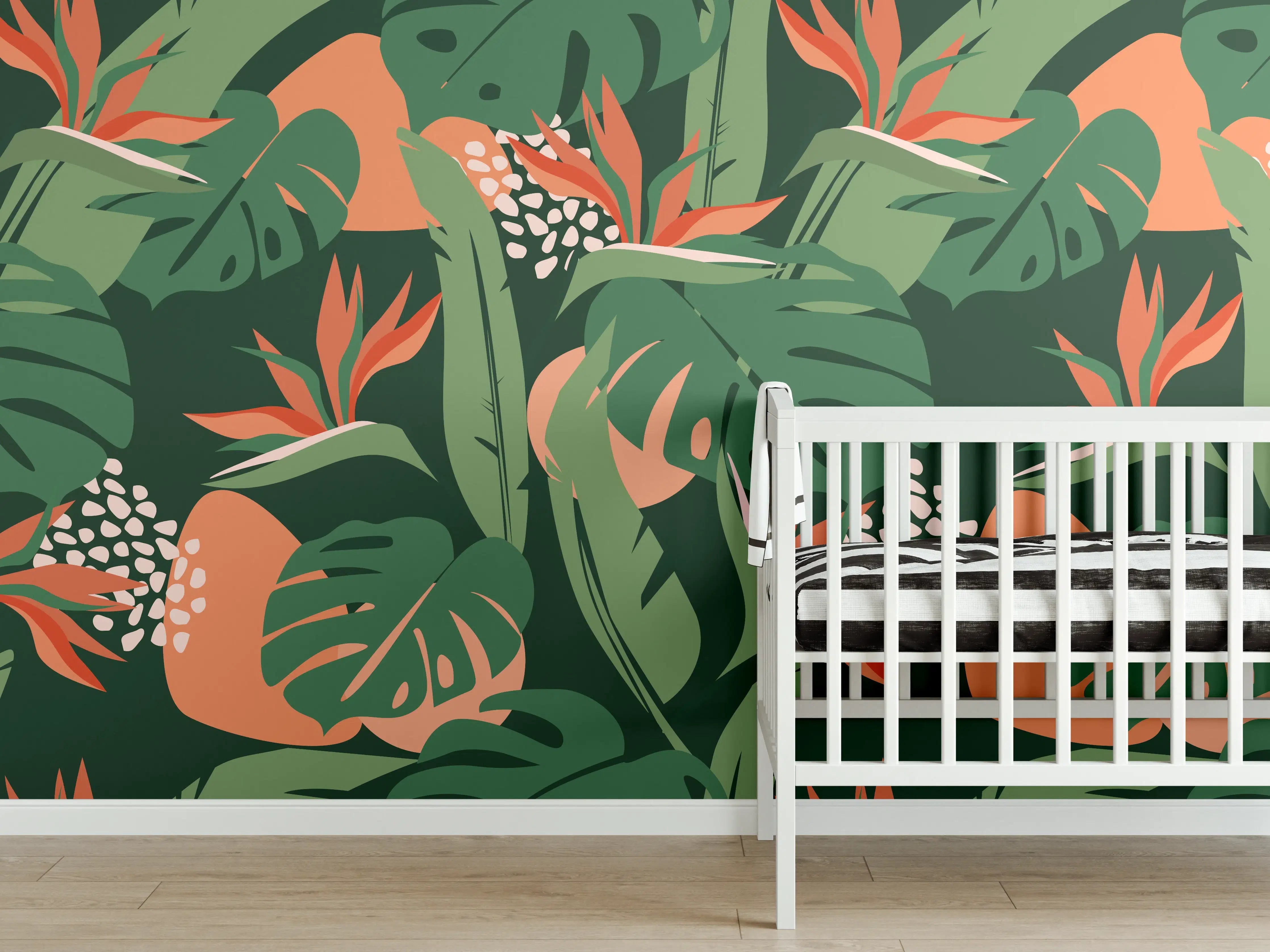 Babyzimmer Wandgestaltung - Strelitzia Tropenblatt Grün-Orange