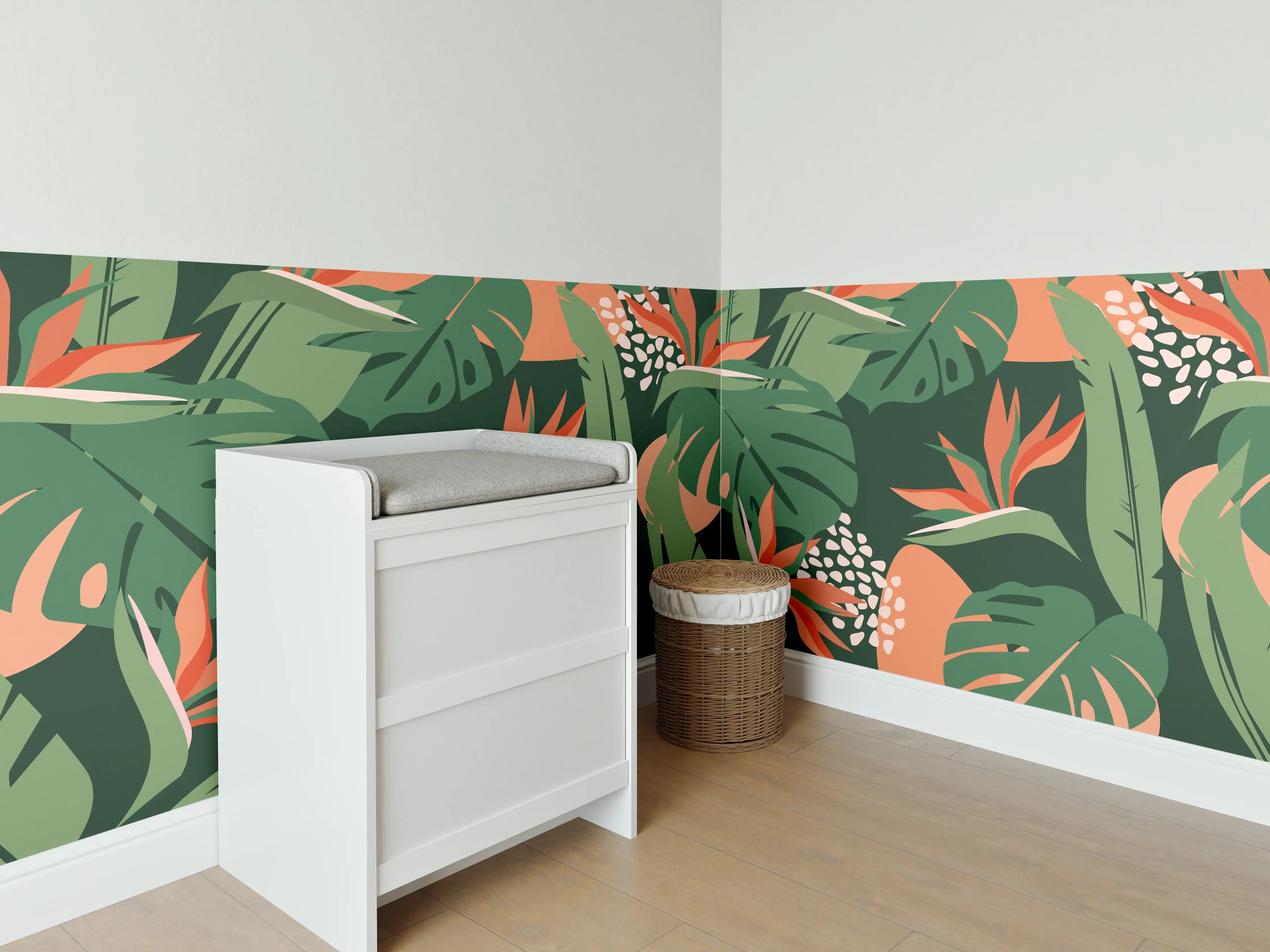 Babyzimmer Wandgestaltung - Strelitzia Tropenblatt Grün-Orange