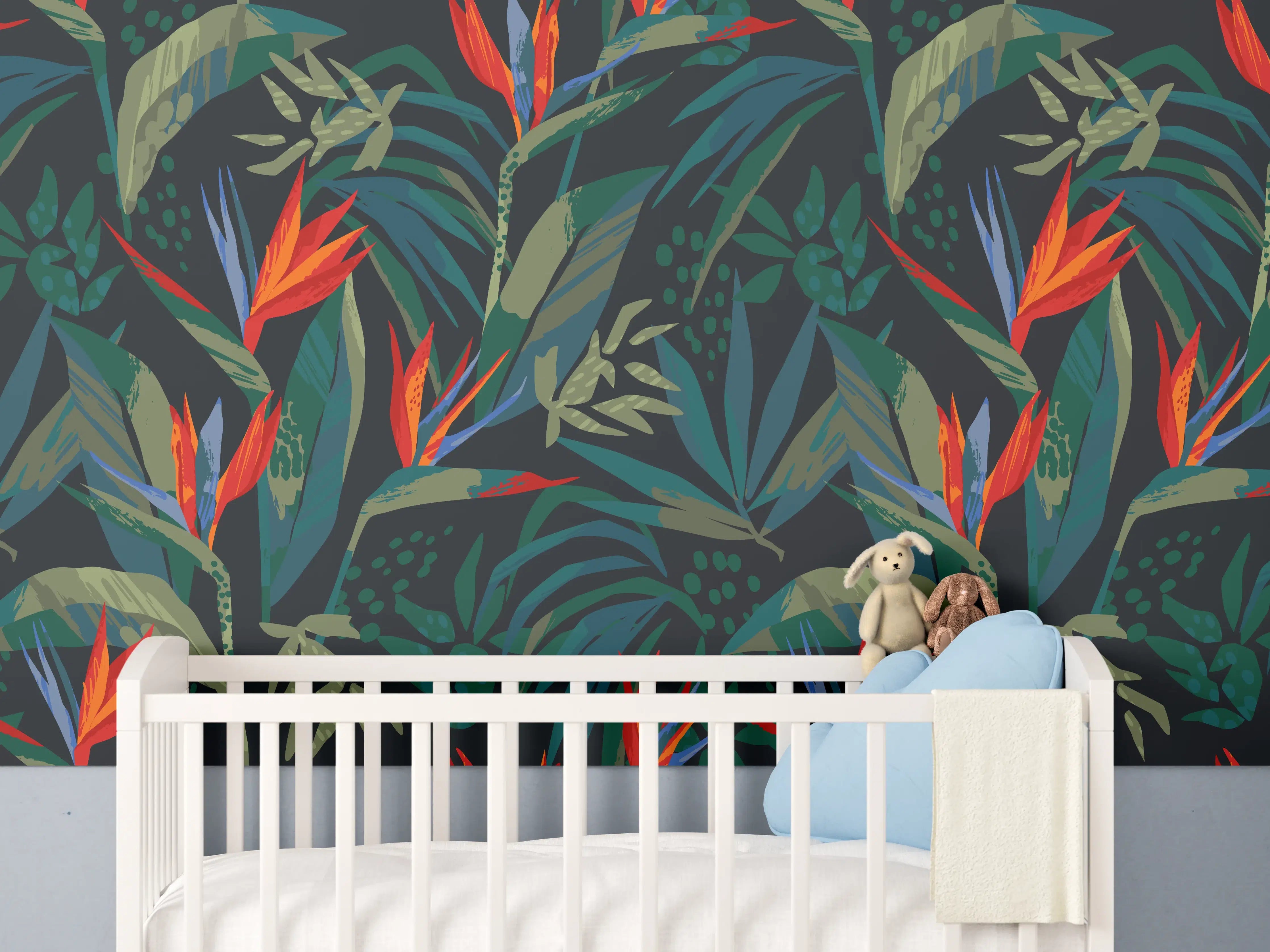 Babyzimmer Wandgestaltung - Strelitzia Tropenwald-Motiv
