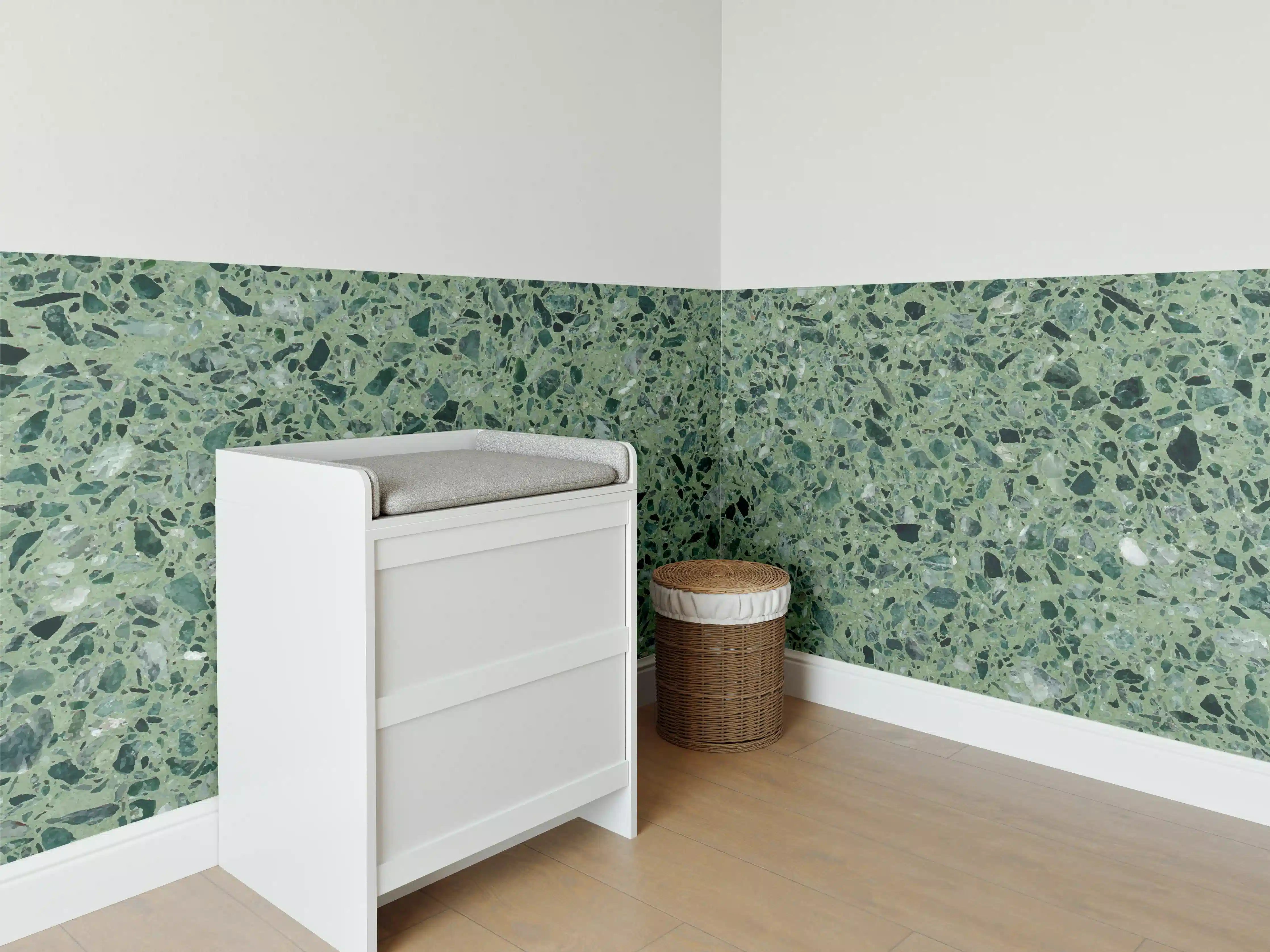 Babyzimmer Wandgestaltung - Terrazzo Textur auf türkisem Hintergrund