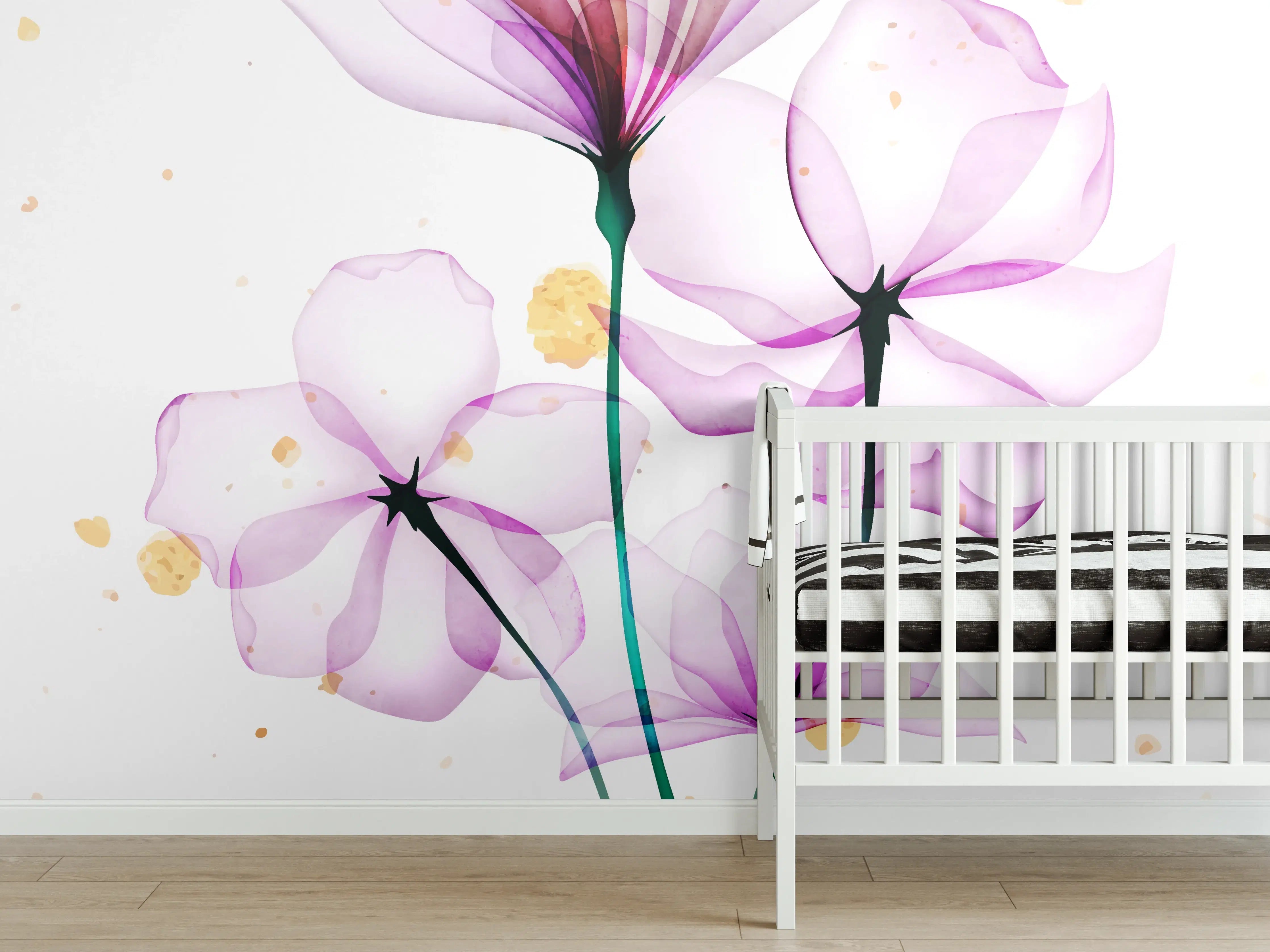 Babyzimmer Wandgestaltung - Transluzente Blüten Aquarell-Effekt