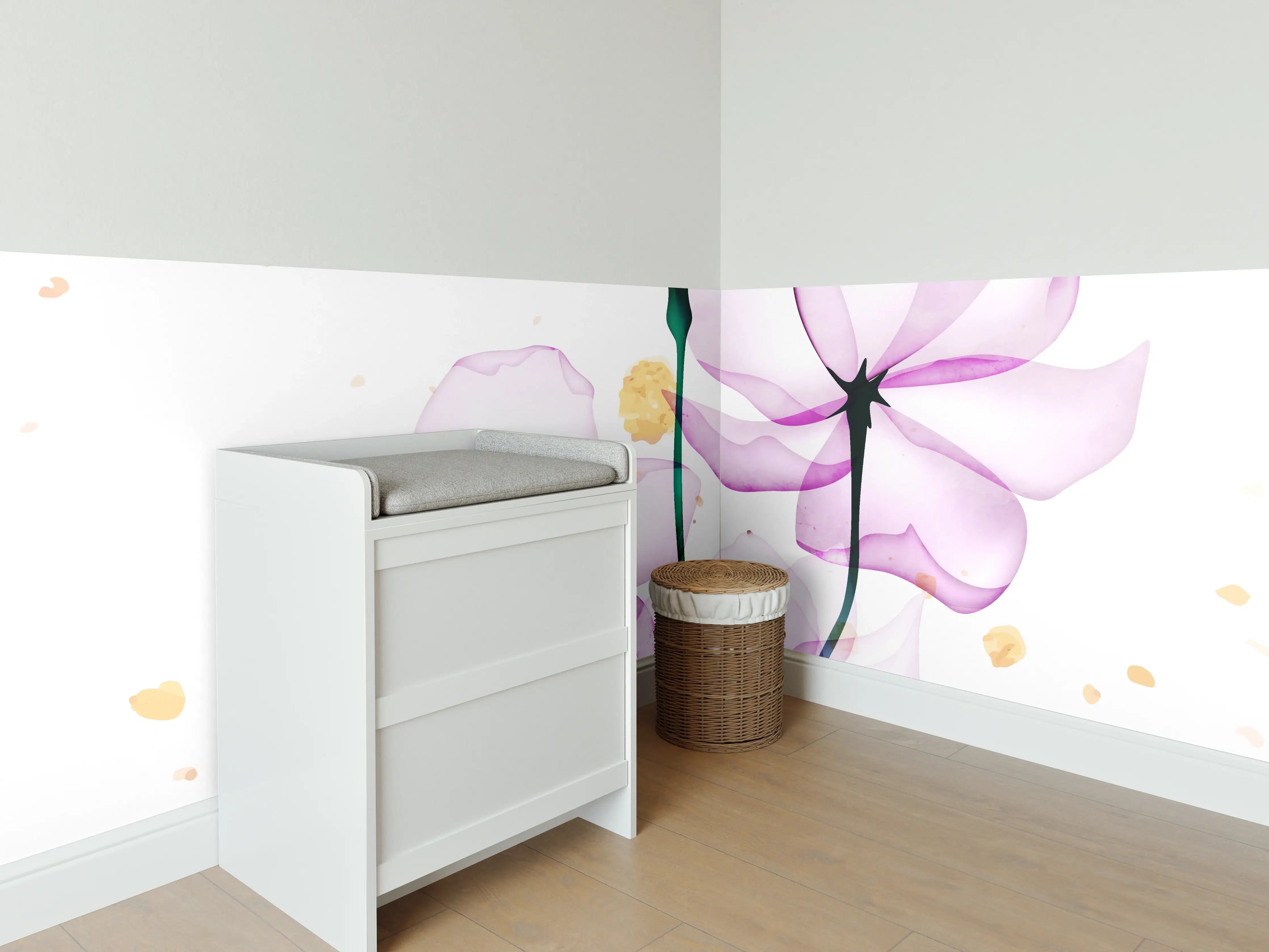 Babyzimmer Wandgestaltung - Transluzente Blüten Aquarell-Effekt
