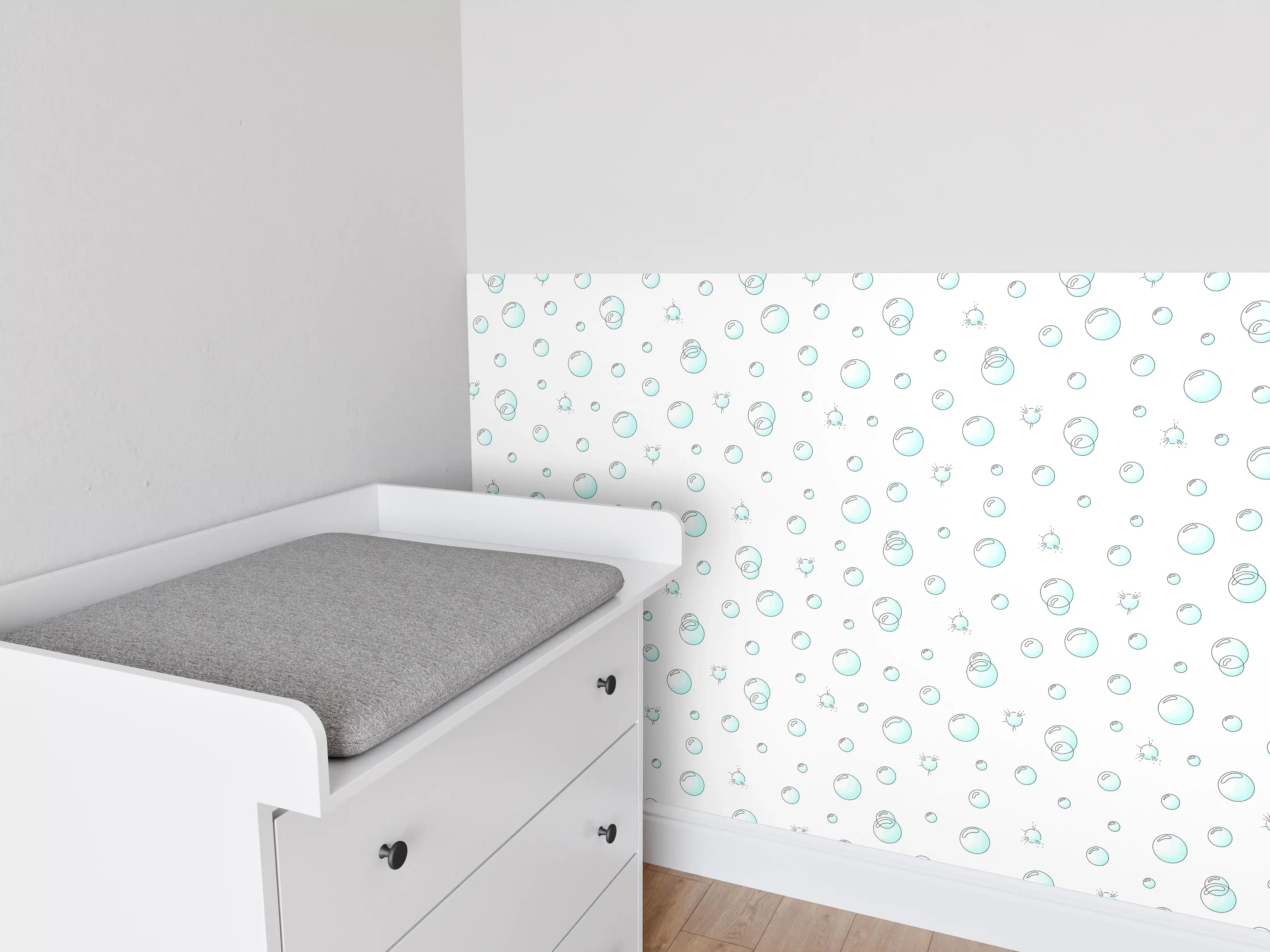 Babyzimmer Wandgestaltung - Transparente Wassertröpfchen auf weißem Hintergrund