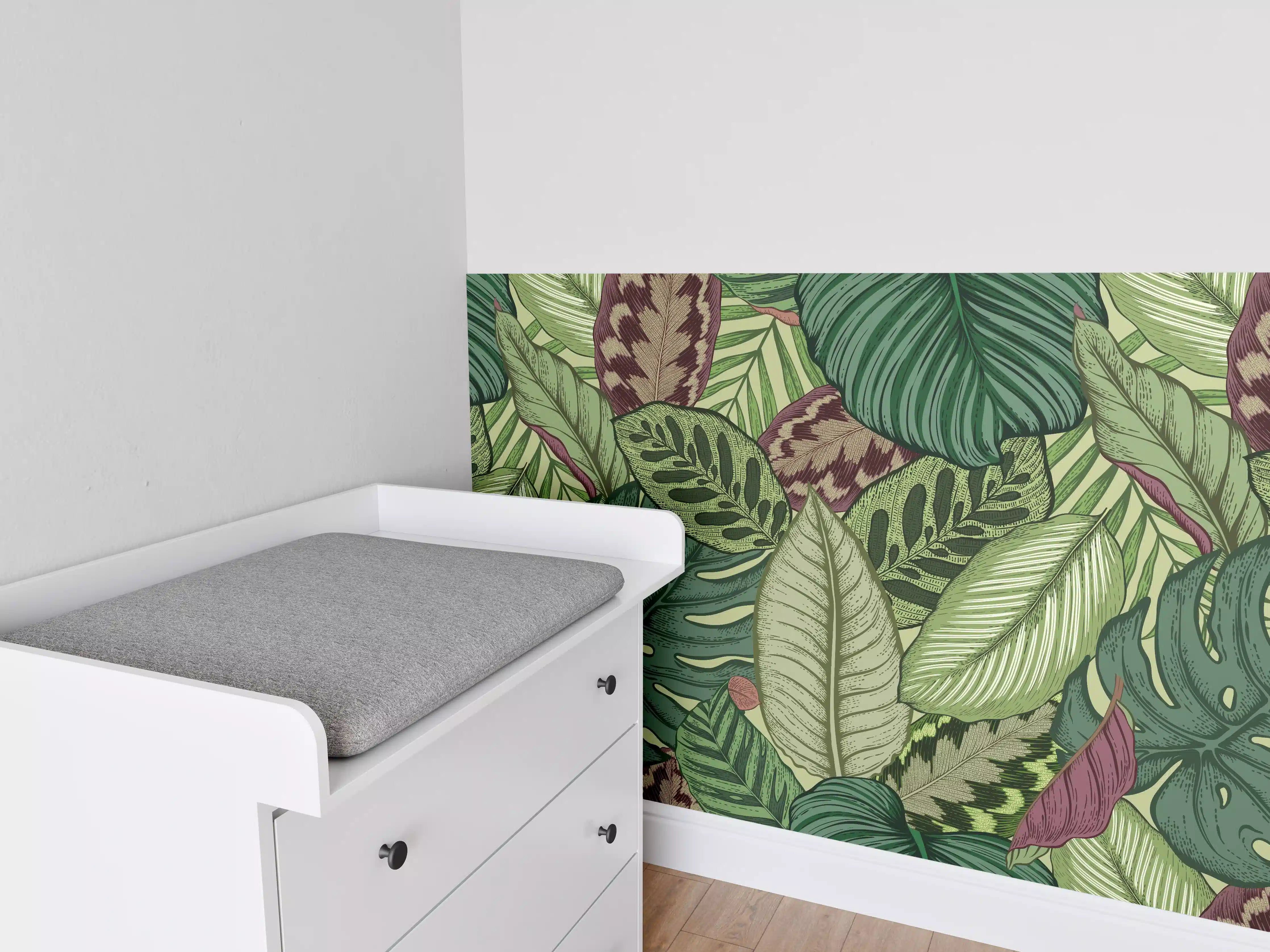 Babyzimmer Wandgestaltung - Tropische Blätter Grün-Beige