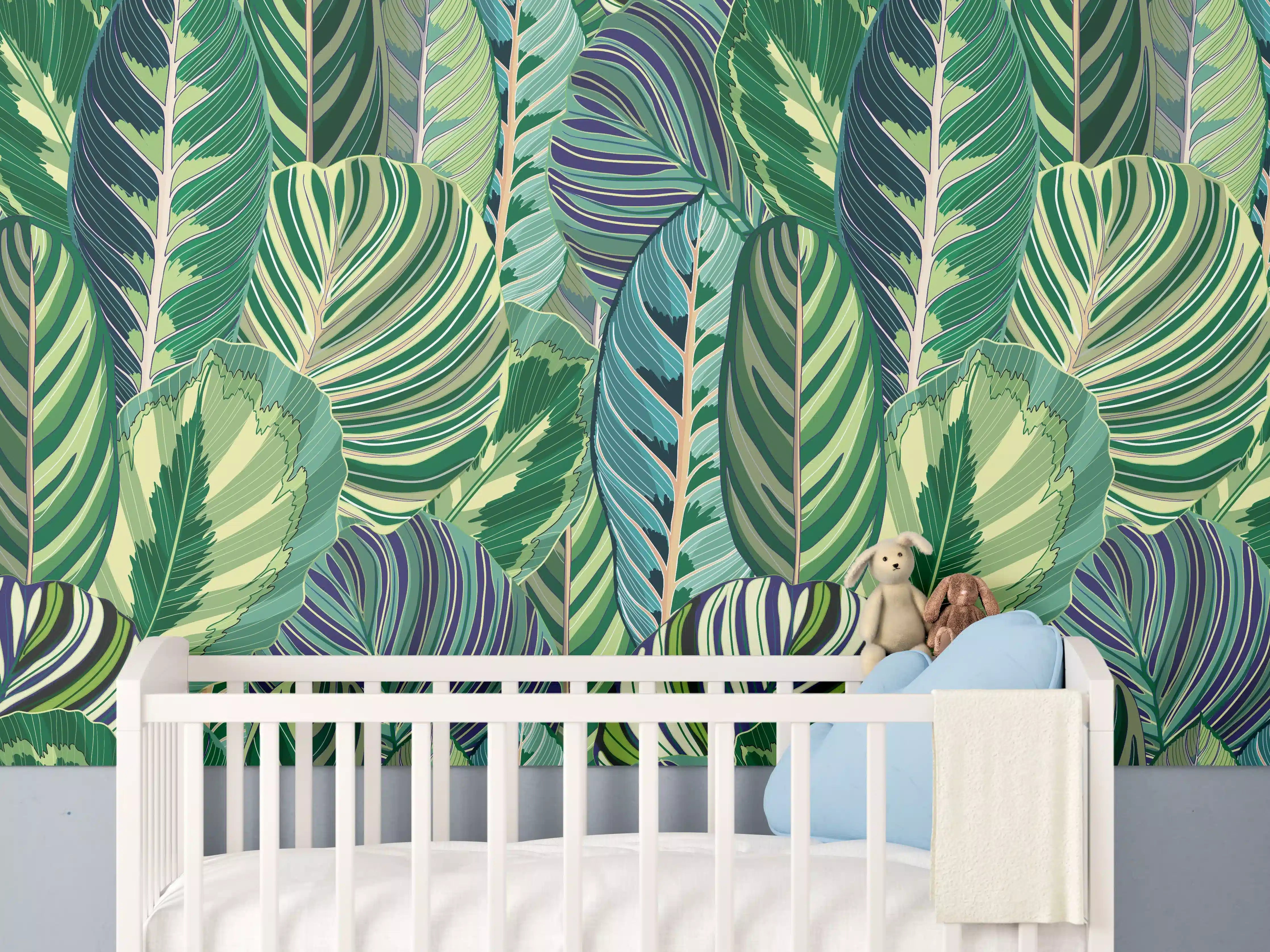 Babyzimmer Wandgestaltung - Tropische Blätter Grün-Türkis-Lila