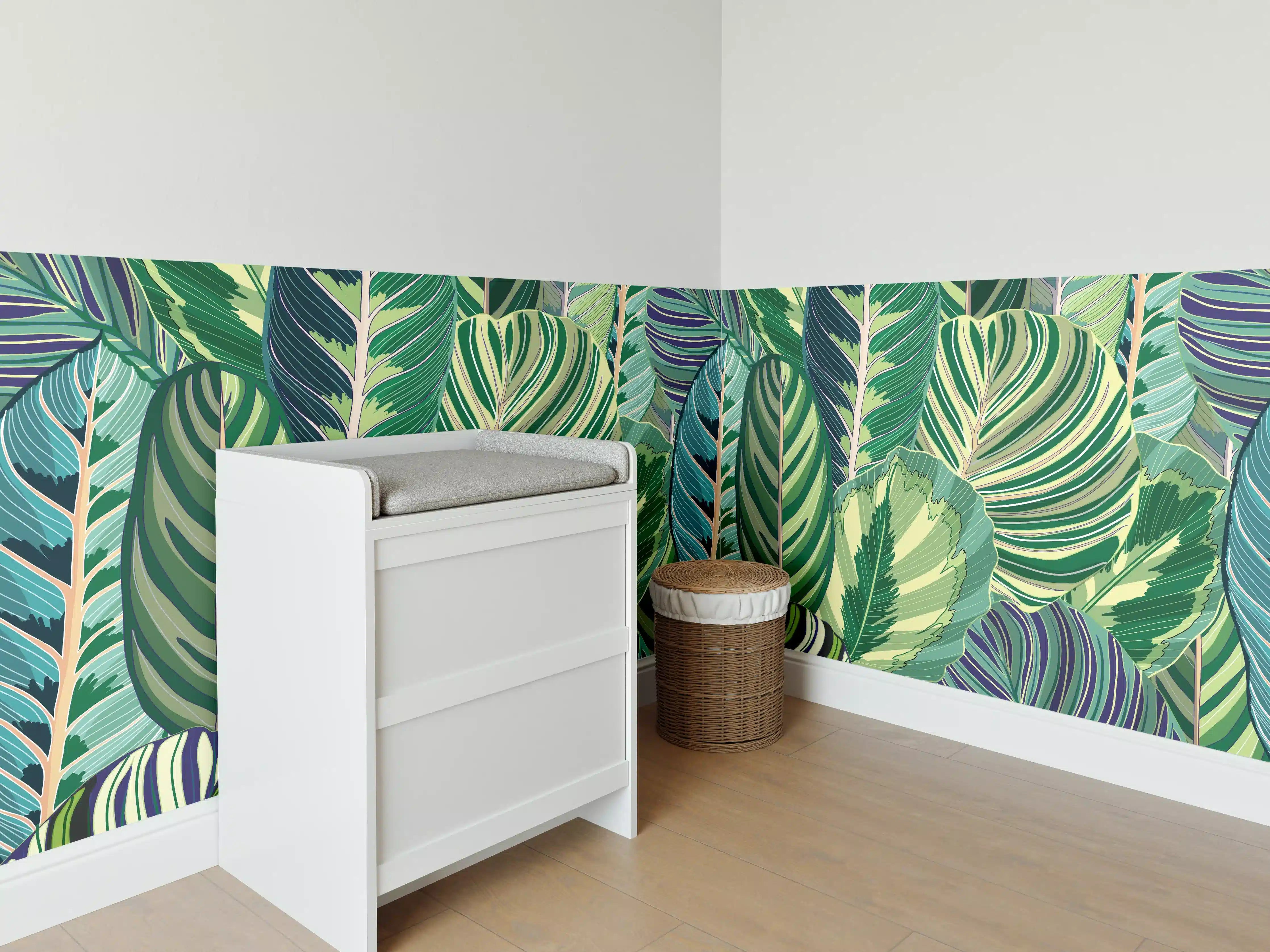 Babyzimmer Wandgestaltung - Tropische Blätter Grün-Türkis-Lila