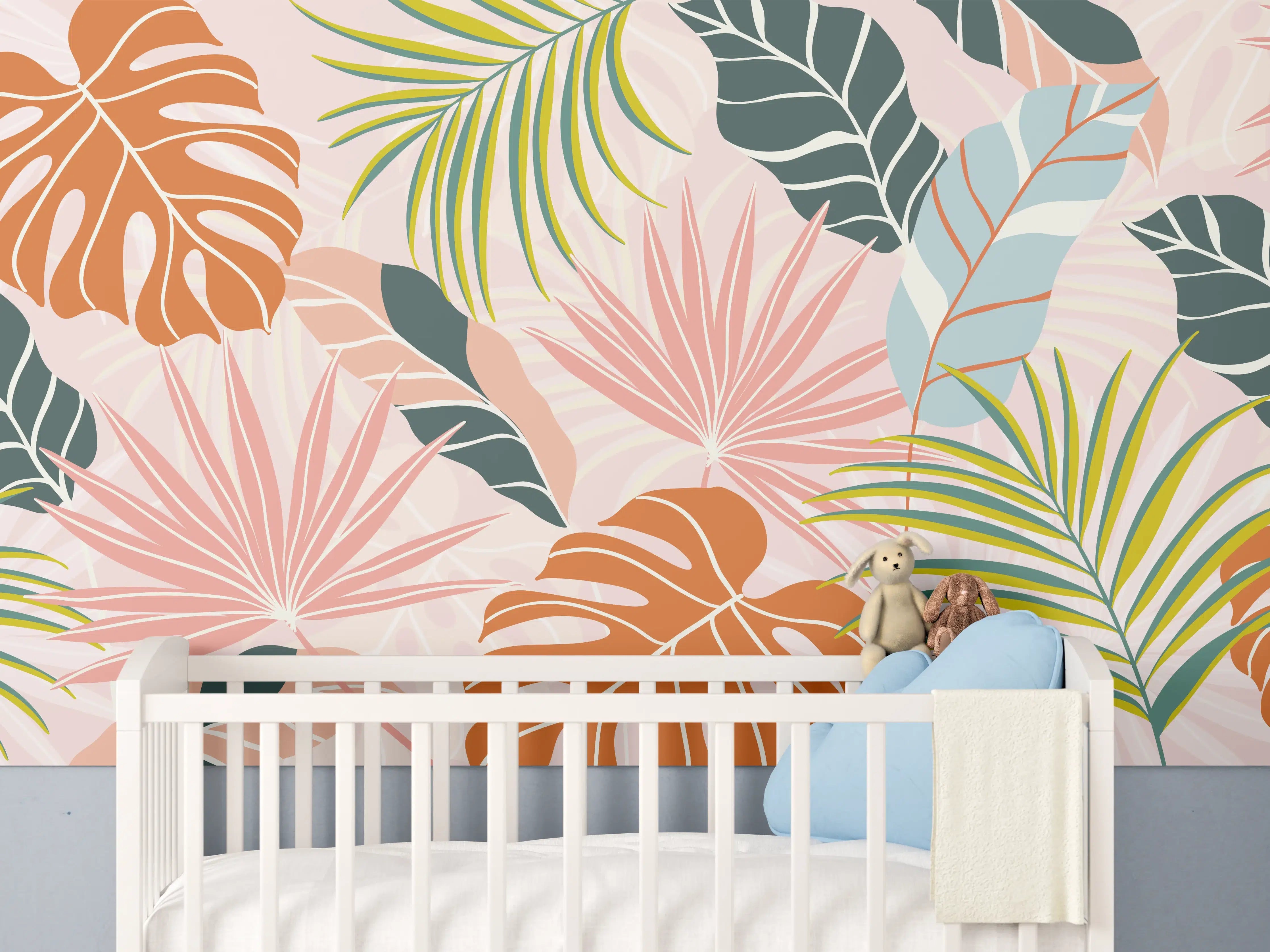 Babyzimmer Wandgestaltung - Tropische Blätter Pastell Tapete