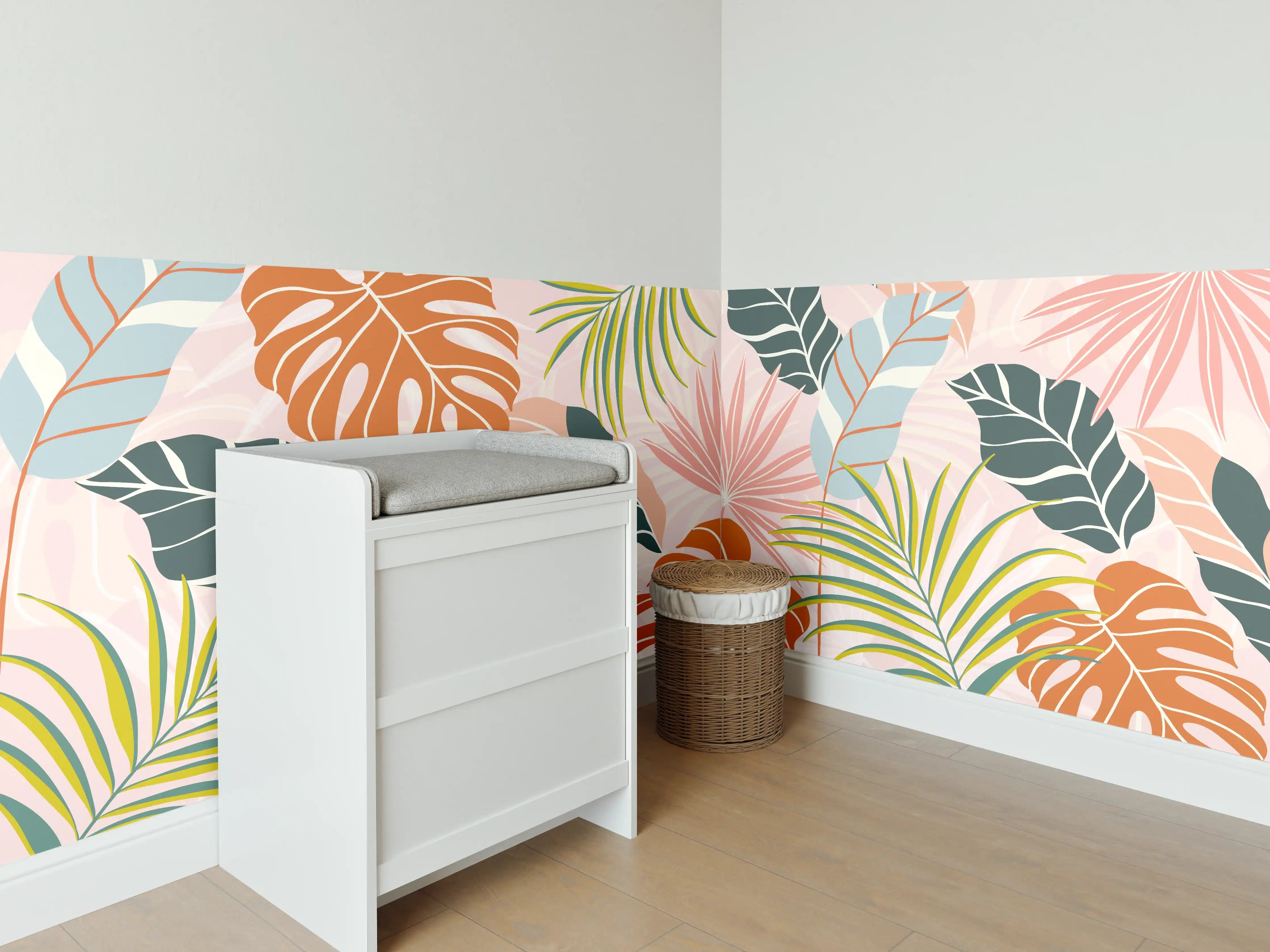 Babyzimmer Wandgestaltung - Tropische Blätter Pastell Tapete