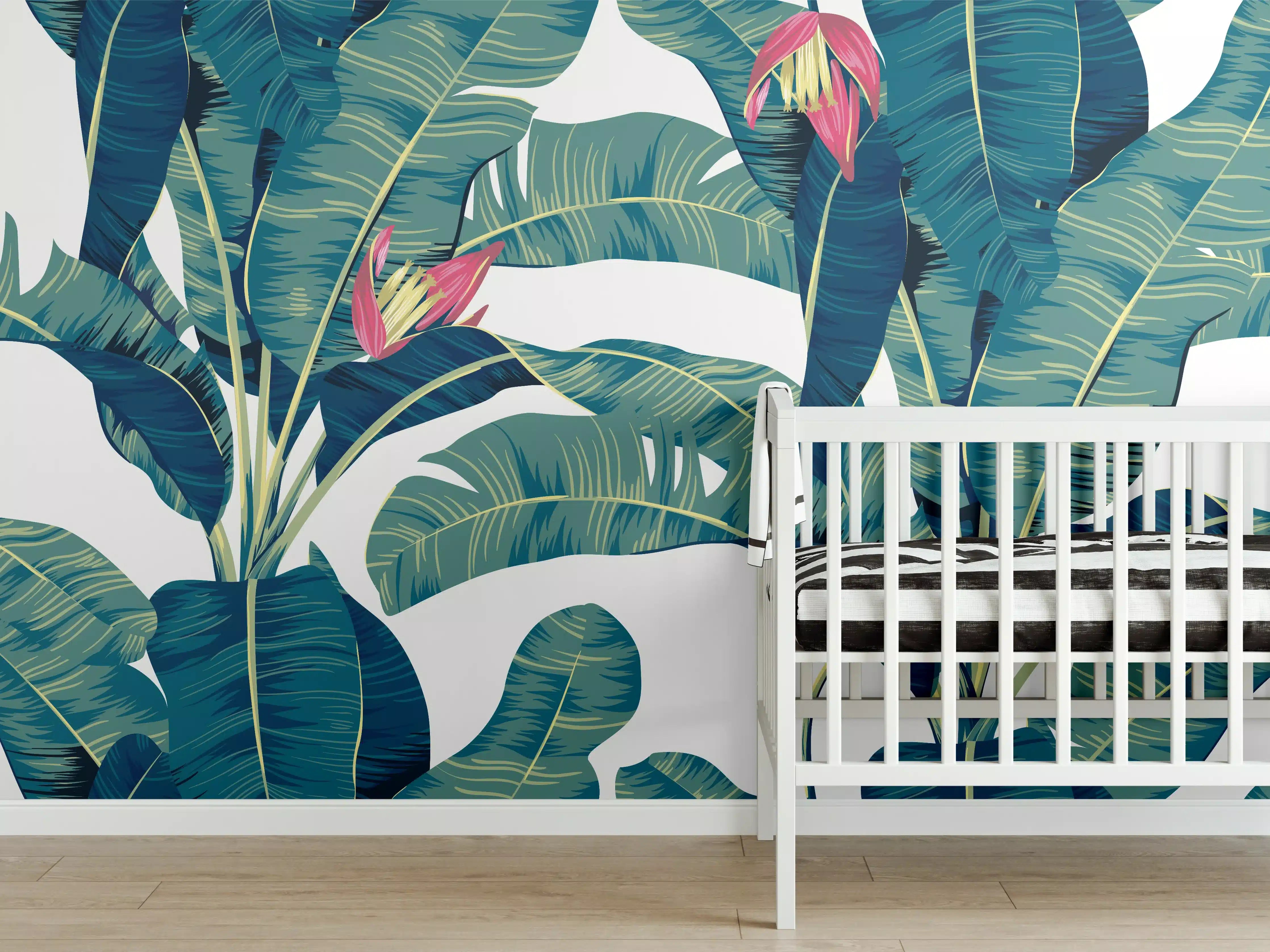 Babyzimmer Wandgestaltung - Tropische Blätter in Grün