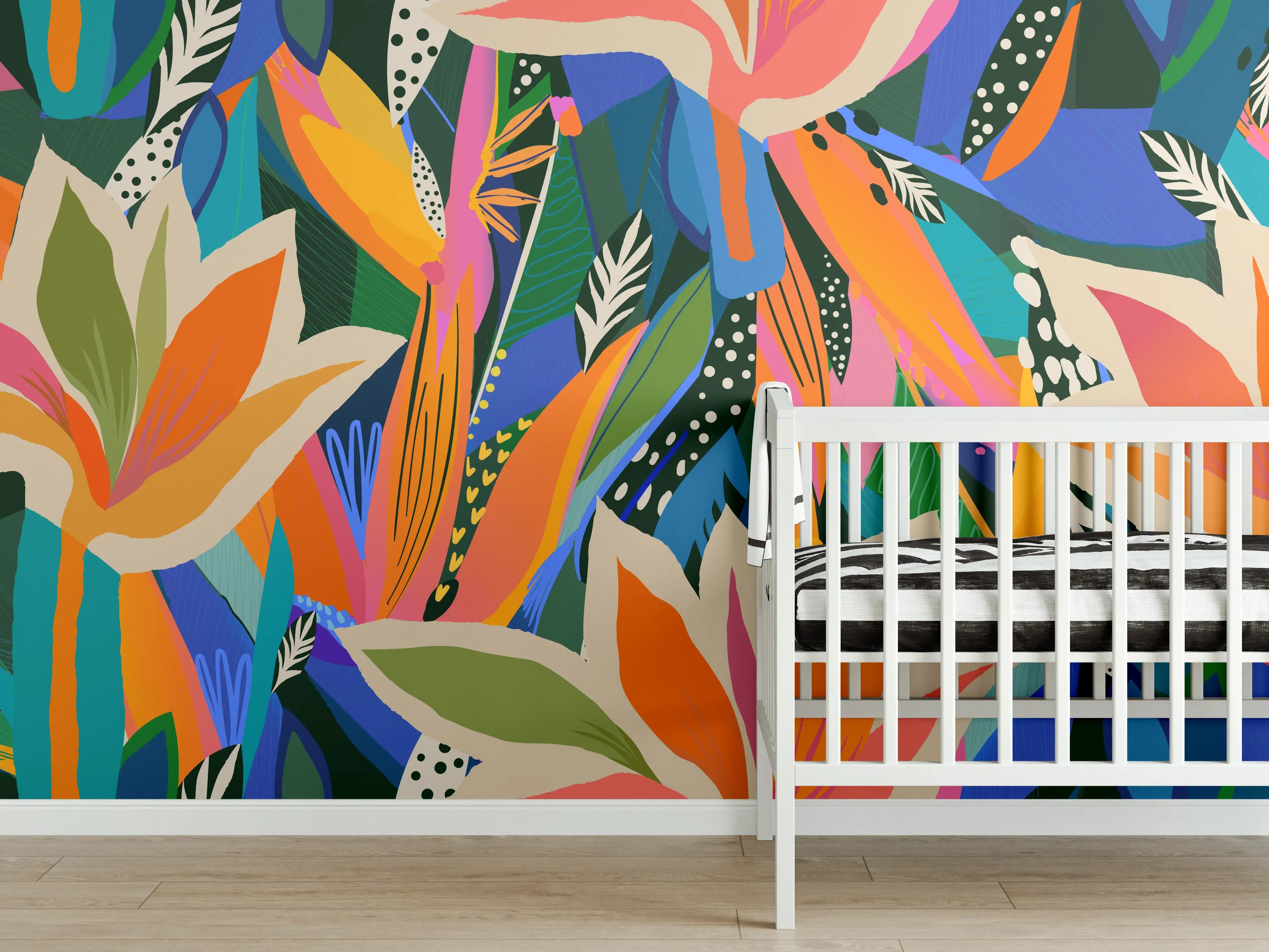 Babyzimmer Wandgestaltung - Tropische Blüten Blau-Orange-Grün
