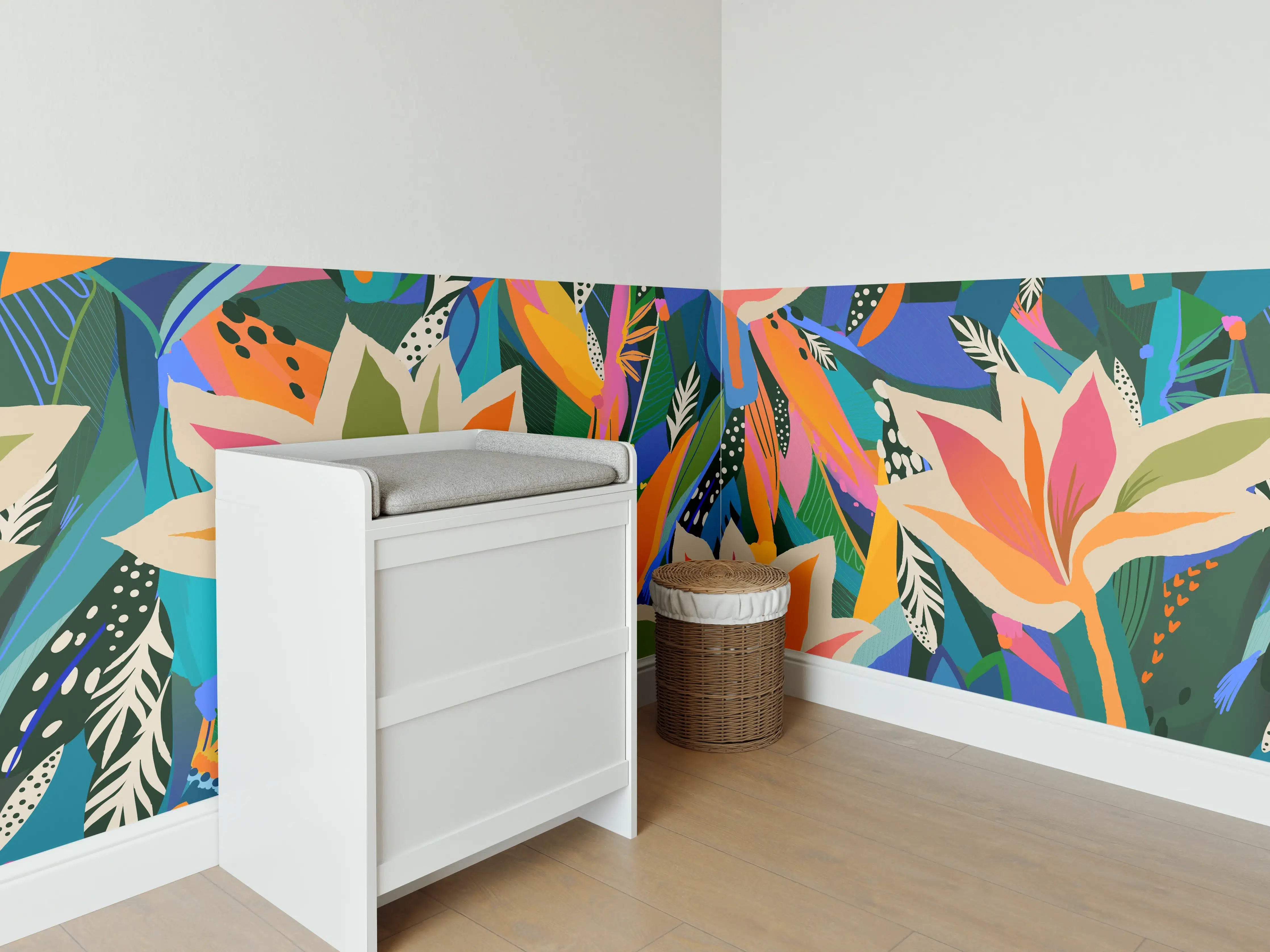 Babyzimmer Wandgestaltung - Tropische Blüten Blau-Orange-Grün