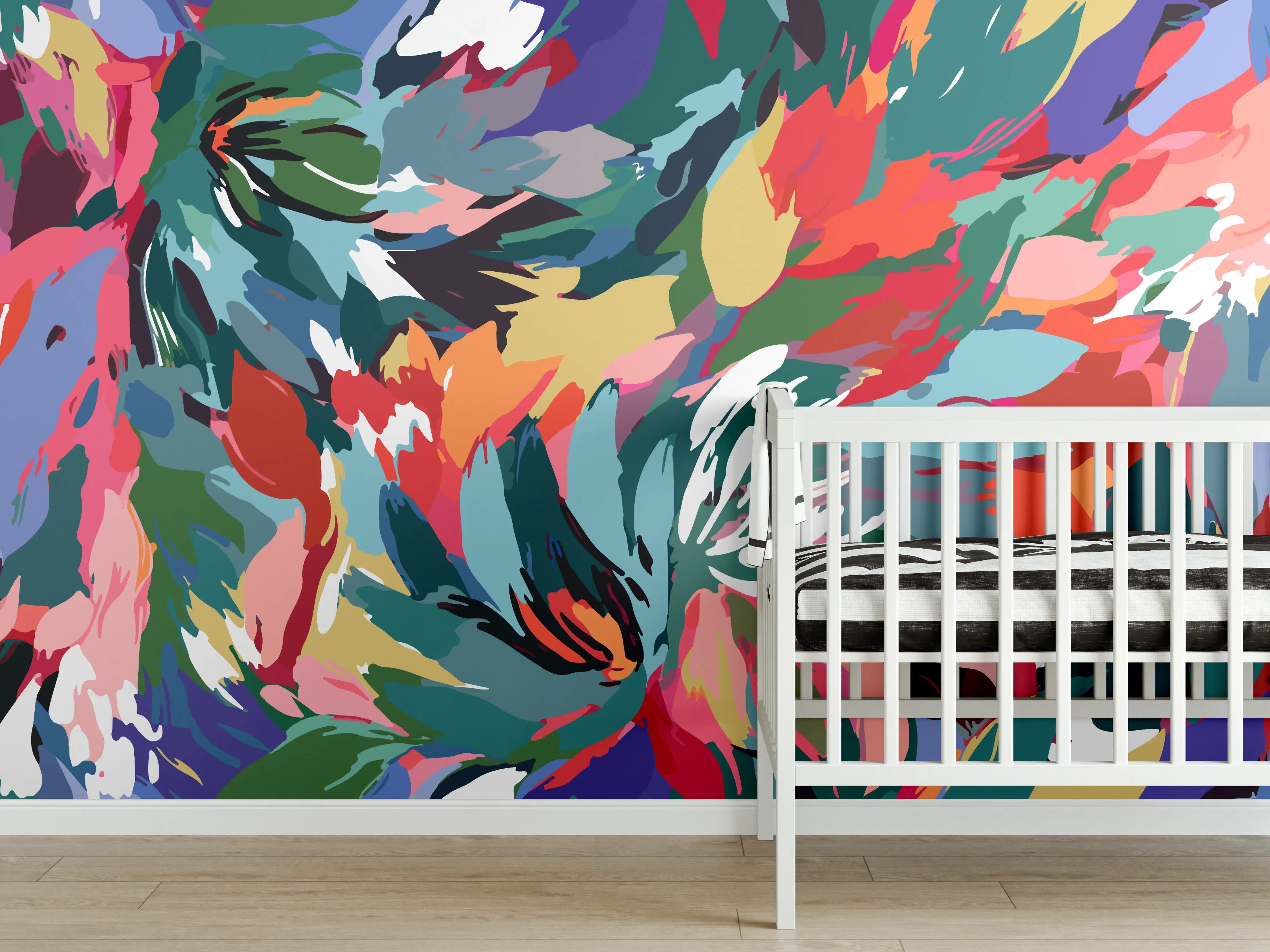 Babyzimmer Wandgestaltung - Tropische Blüten-Explosion Türkis-Rot