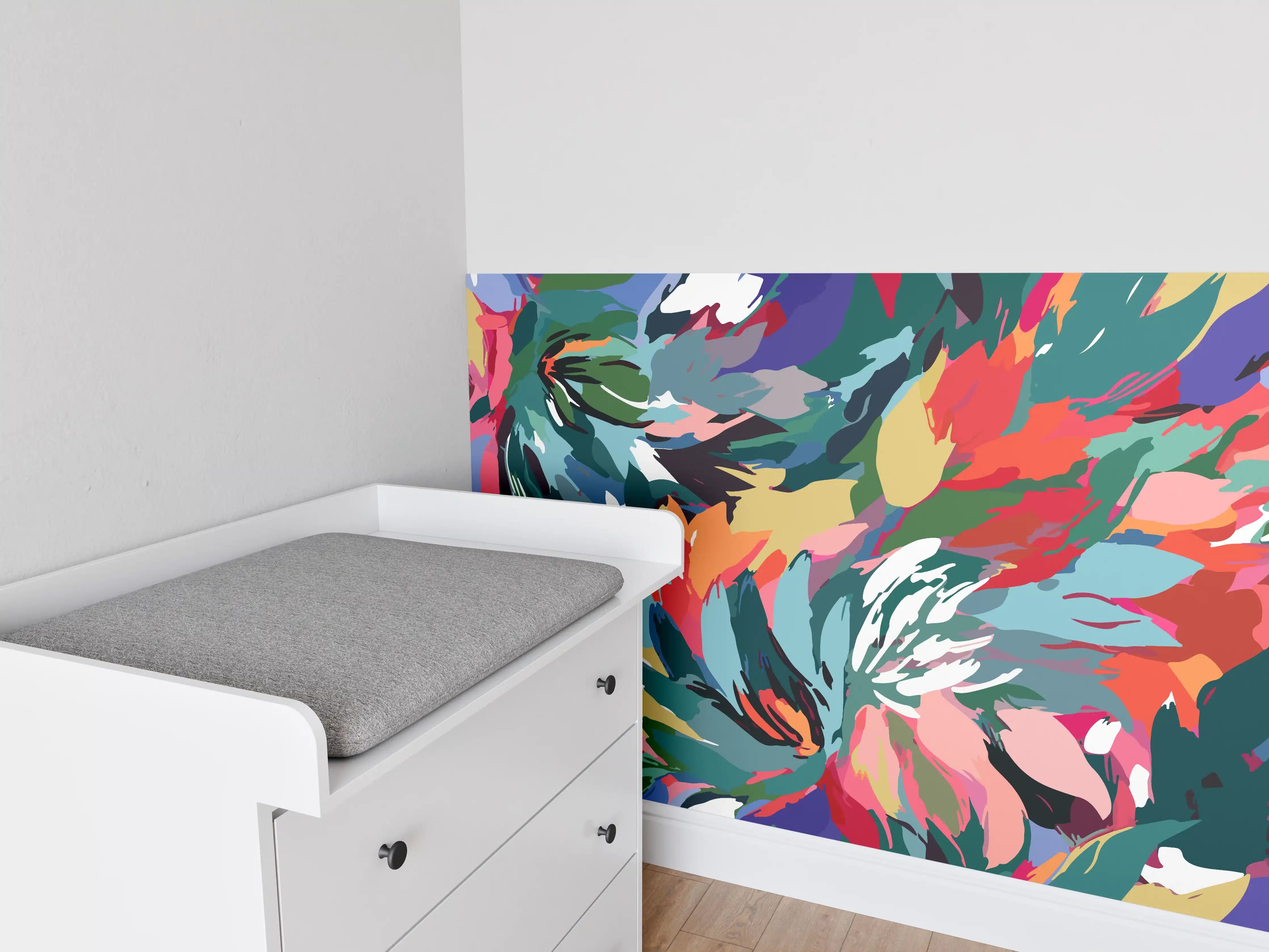 Babyzimmer Wandgestaltung - Tropische Blüten-Explosion Türkis-Rot