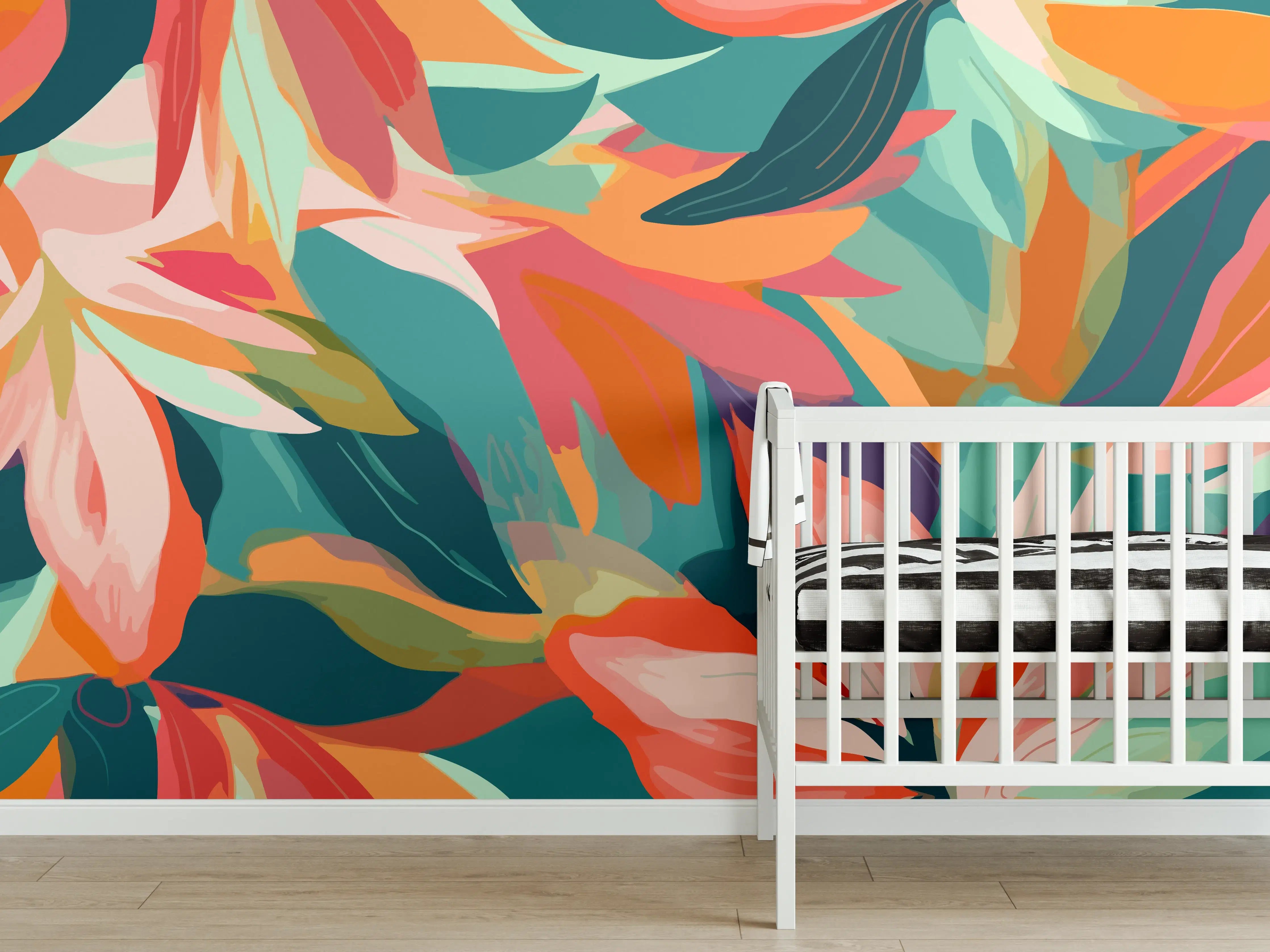 Babyzimmer Wandgestaltung - Tropische Blüten Türkis Koralle