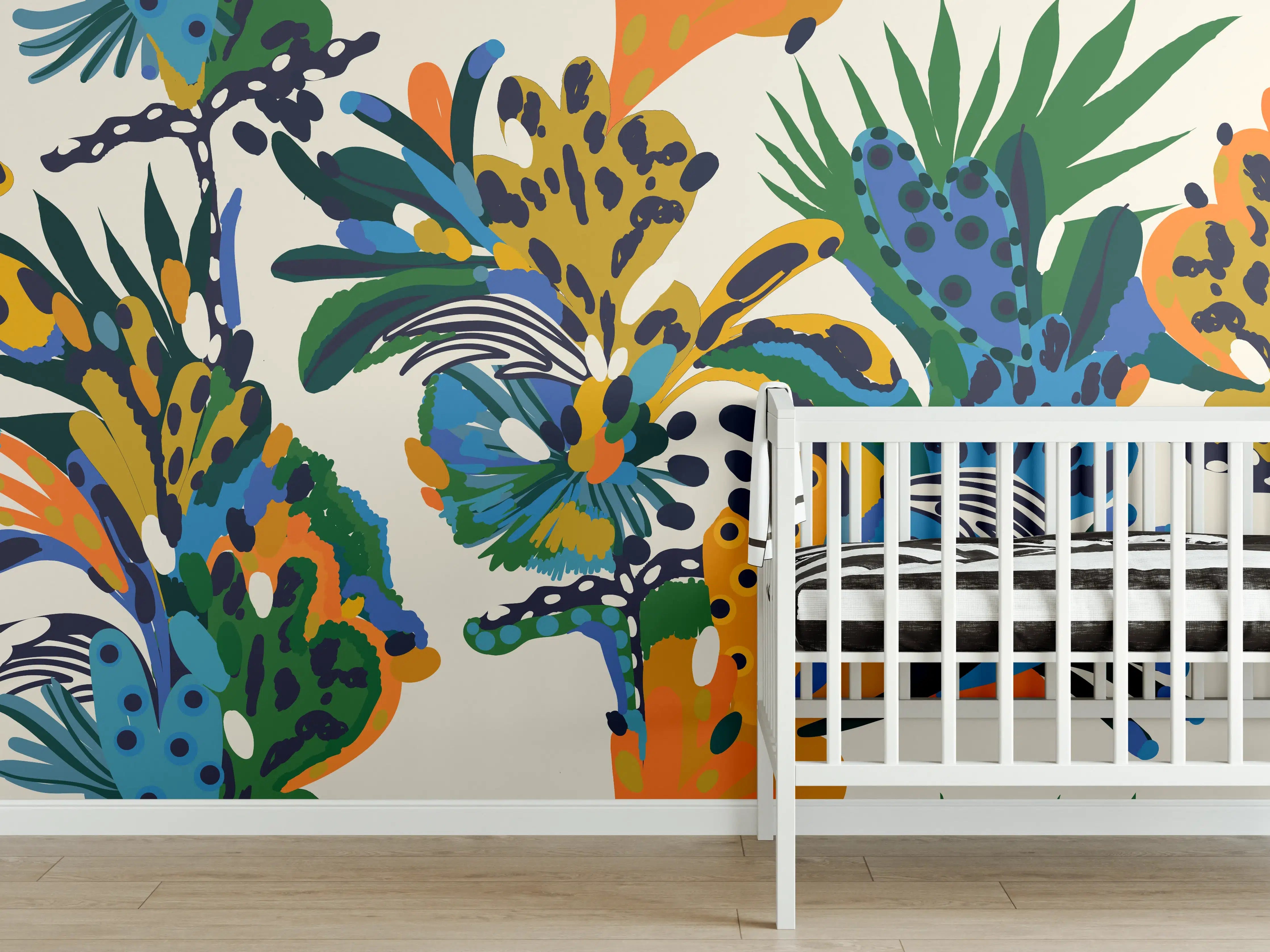 Babyzimmer Wandgestaltung - Tropische Blumen Blau Grün Orange