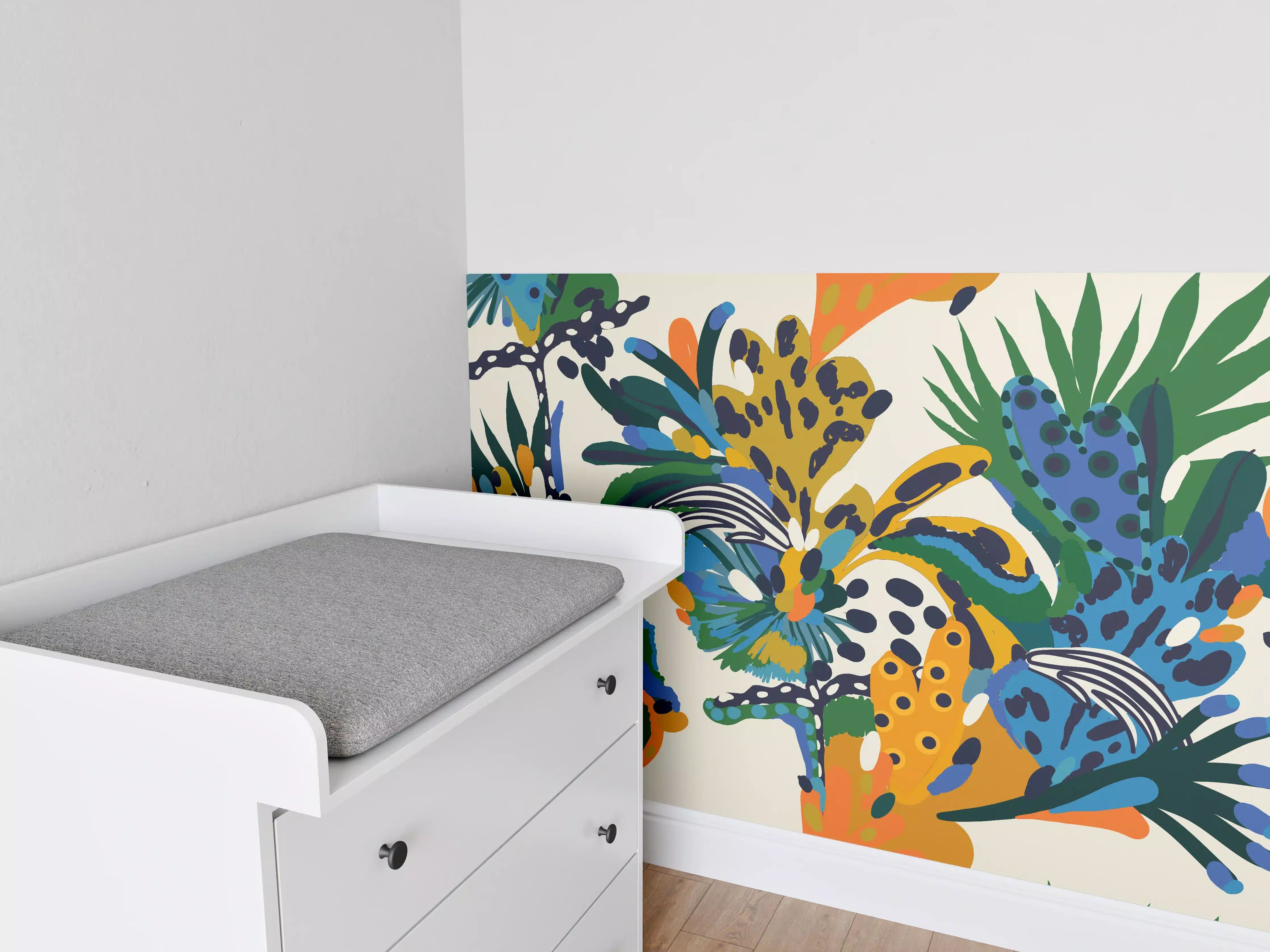 Babyzimmer Wandgestaltung - Tropische Blumen Blau Grün Orange