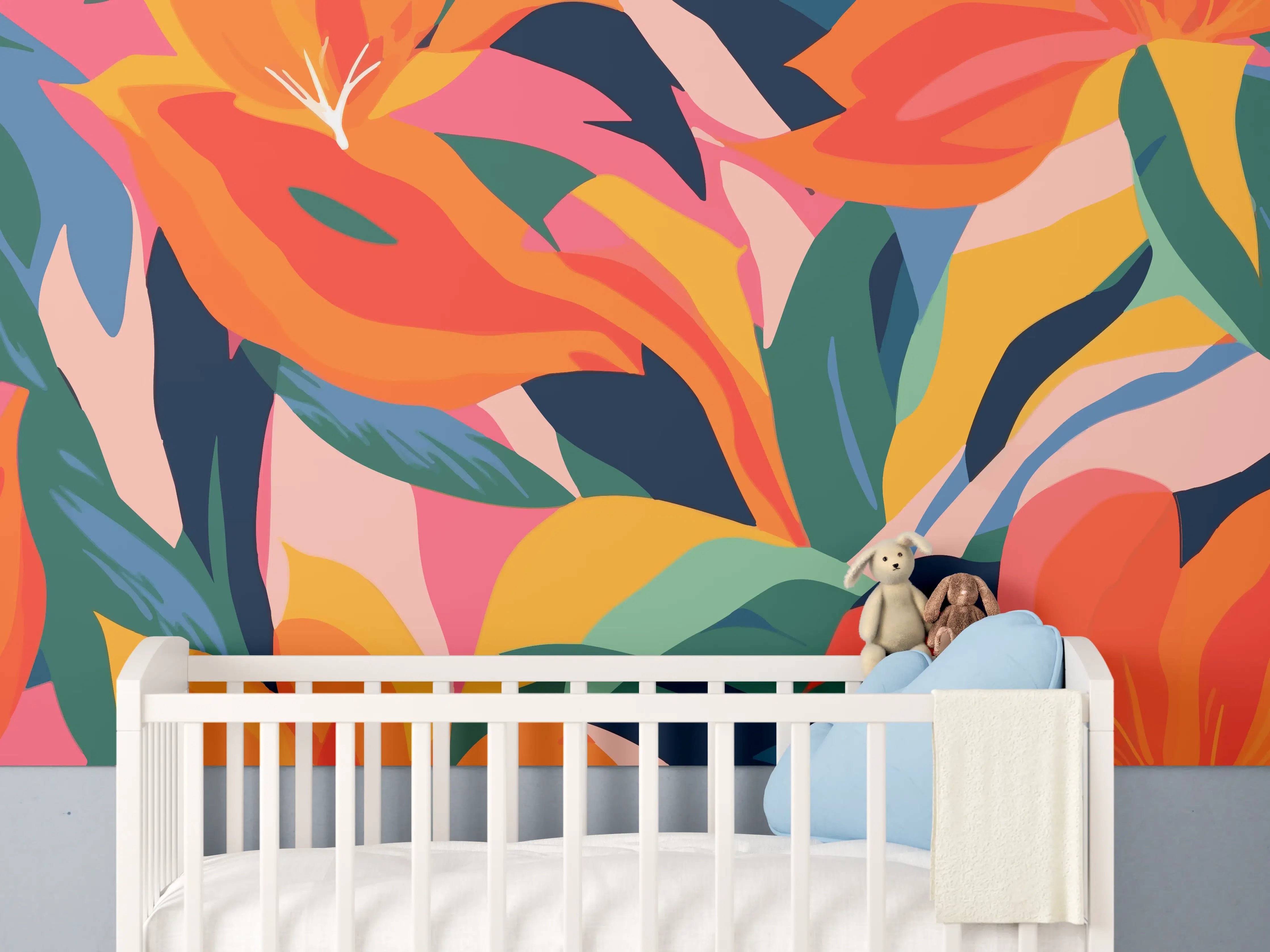 Babyzimmer Wandgestaltung - Tropische Bunte Blumenillustration