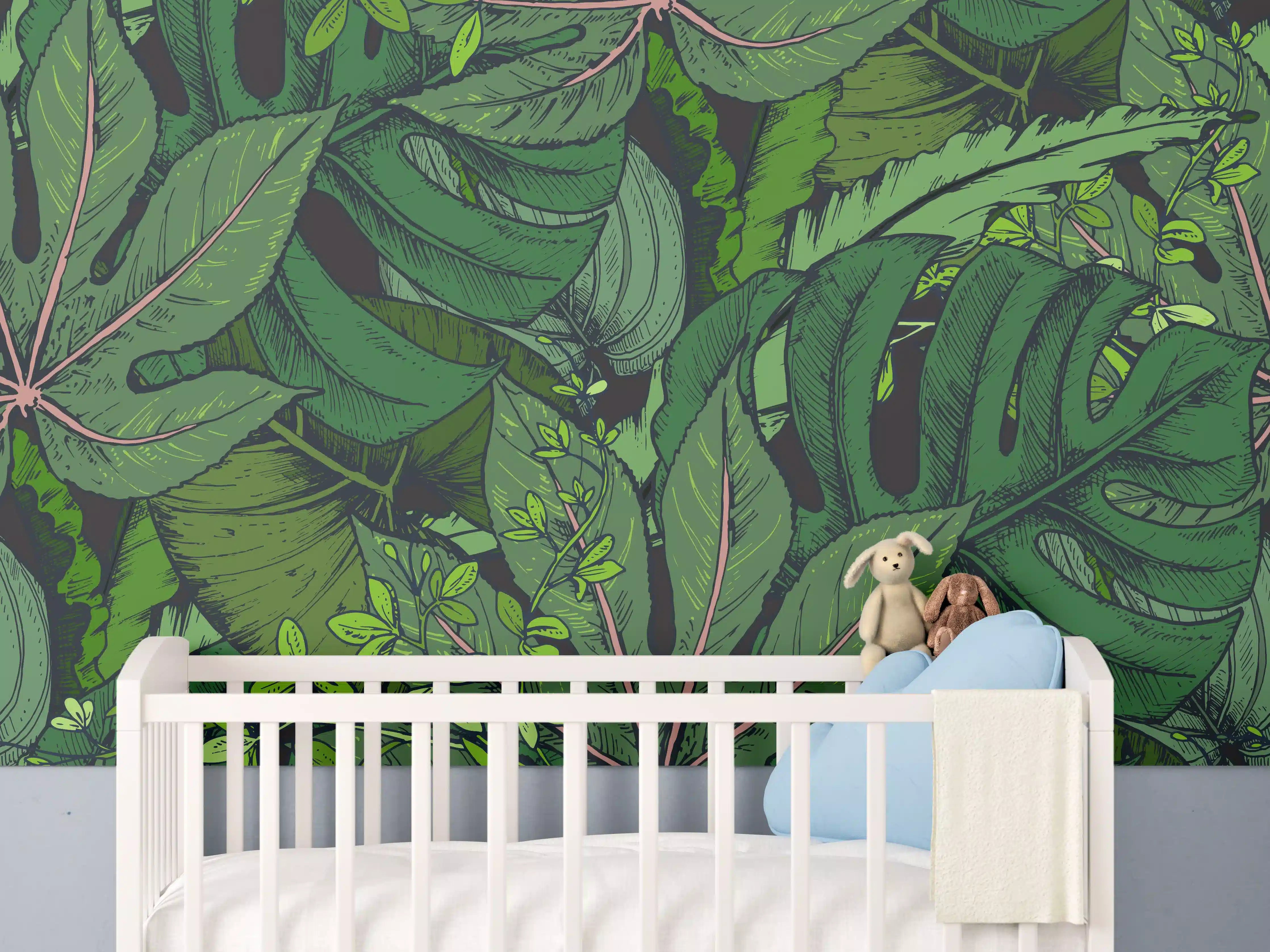 Babyzimmer Wandgestaltung - Tropische Monstera-Blätter Grün