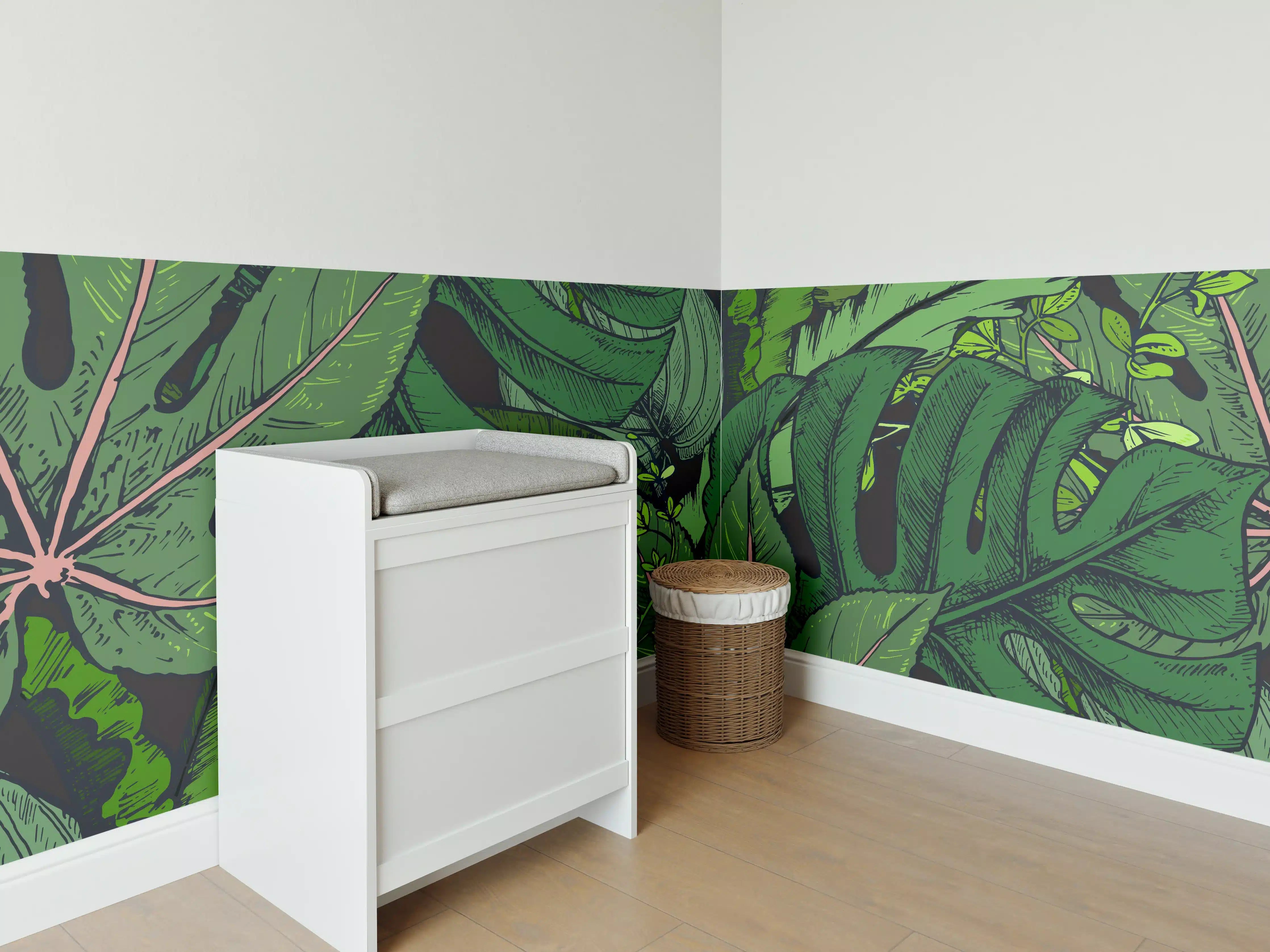 Babyzimmer Wandgestaltung - Tropische Monstera-Blätter Grün