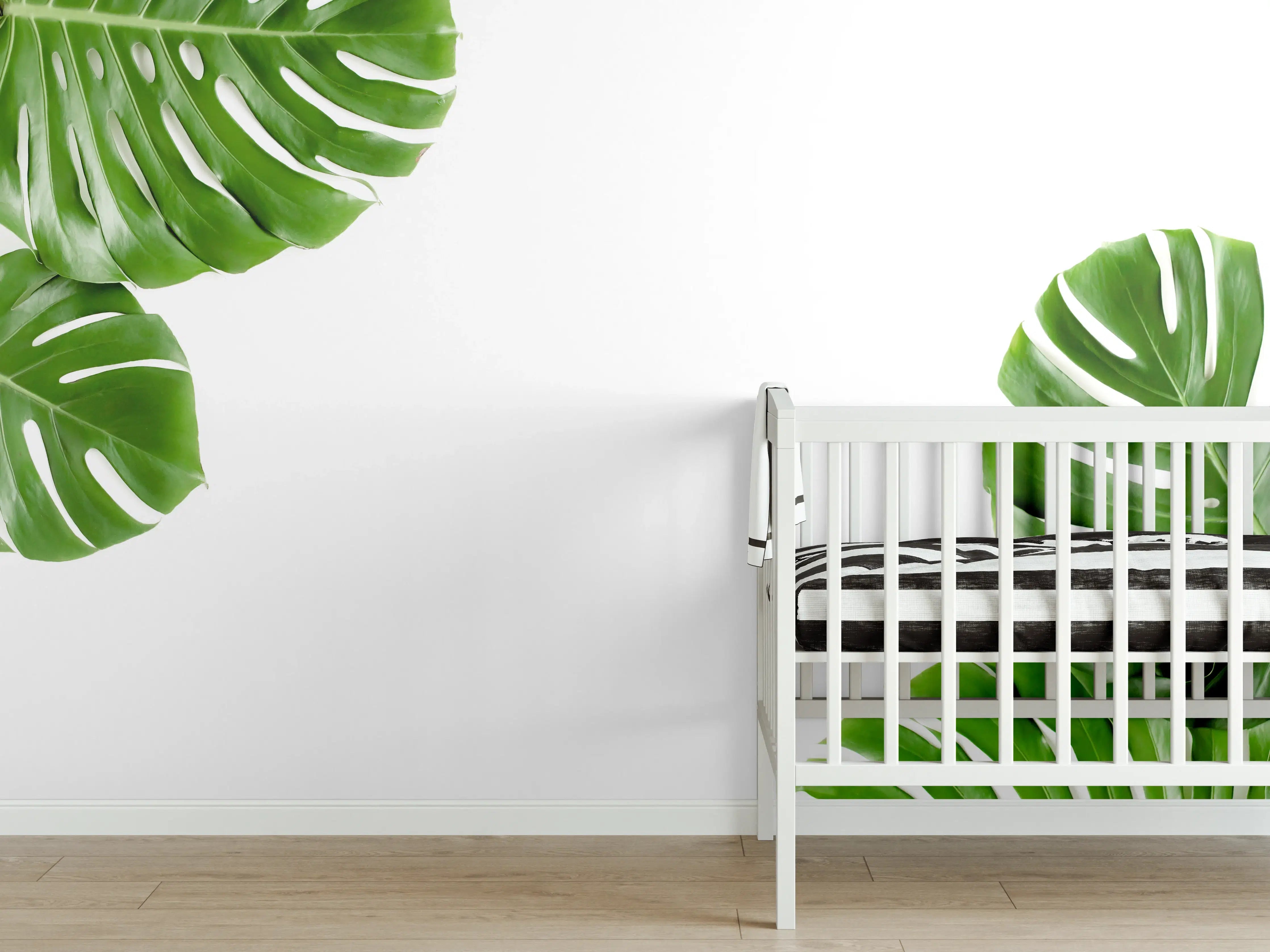 Babyzimmer Wandgestaltung - Tropische Palmenblätter auf weißem Hintergrund