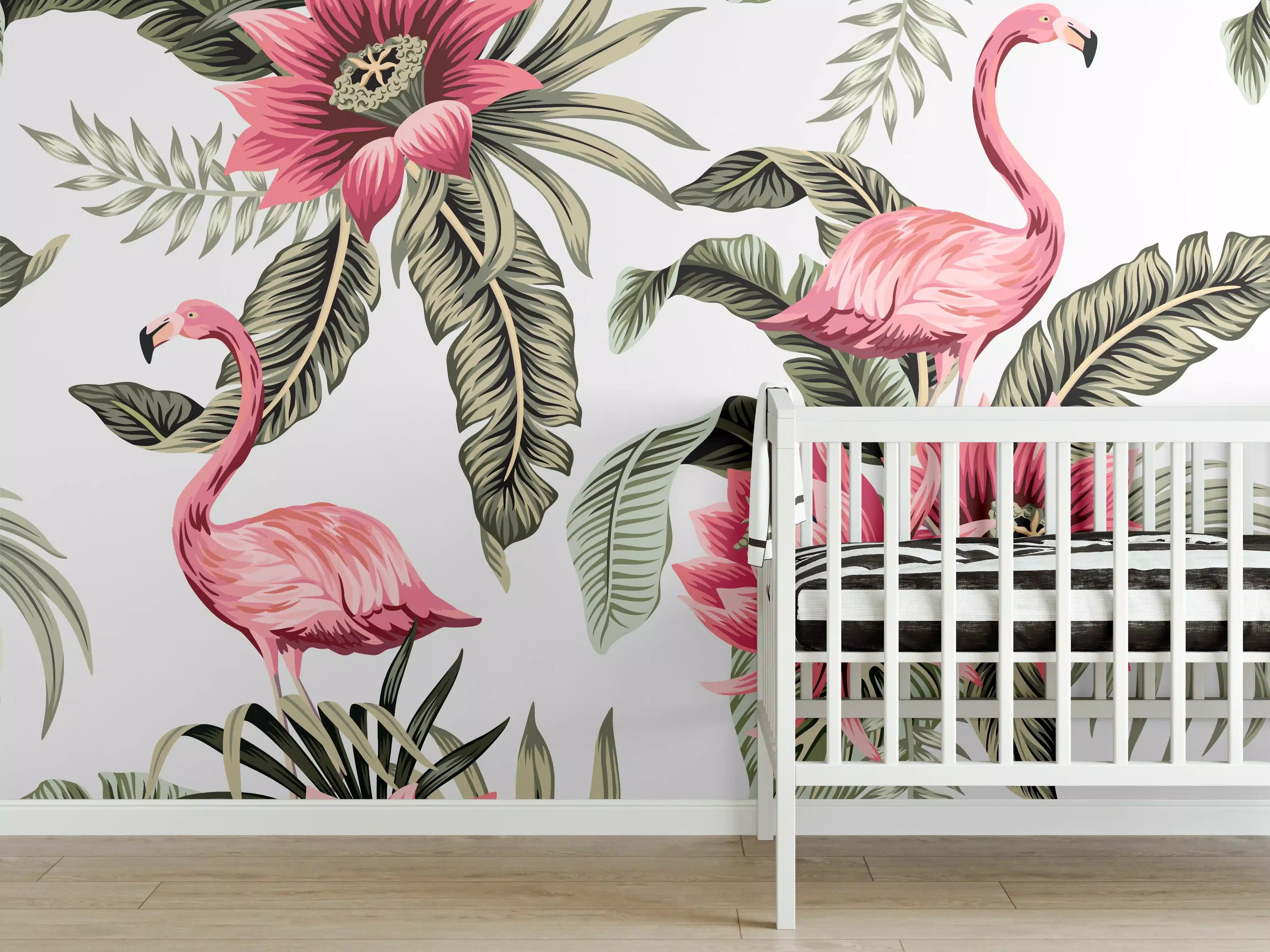 Babyzimmer Wandgestaltung - Tropischer Flamingo-Blumen-Print