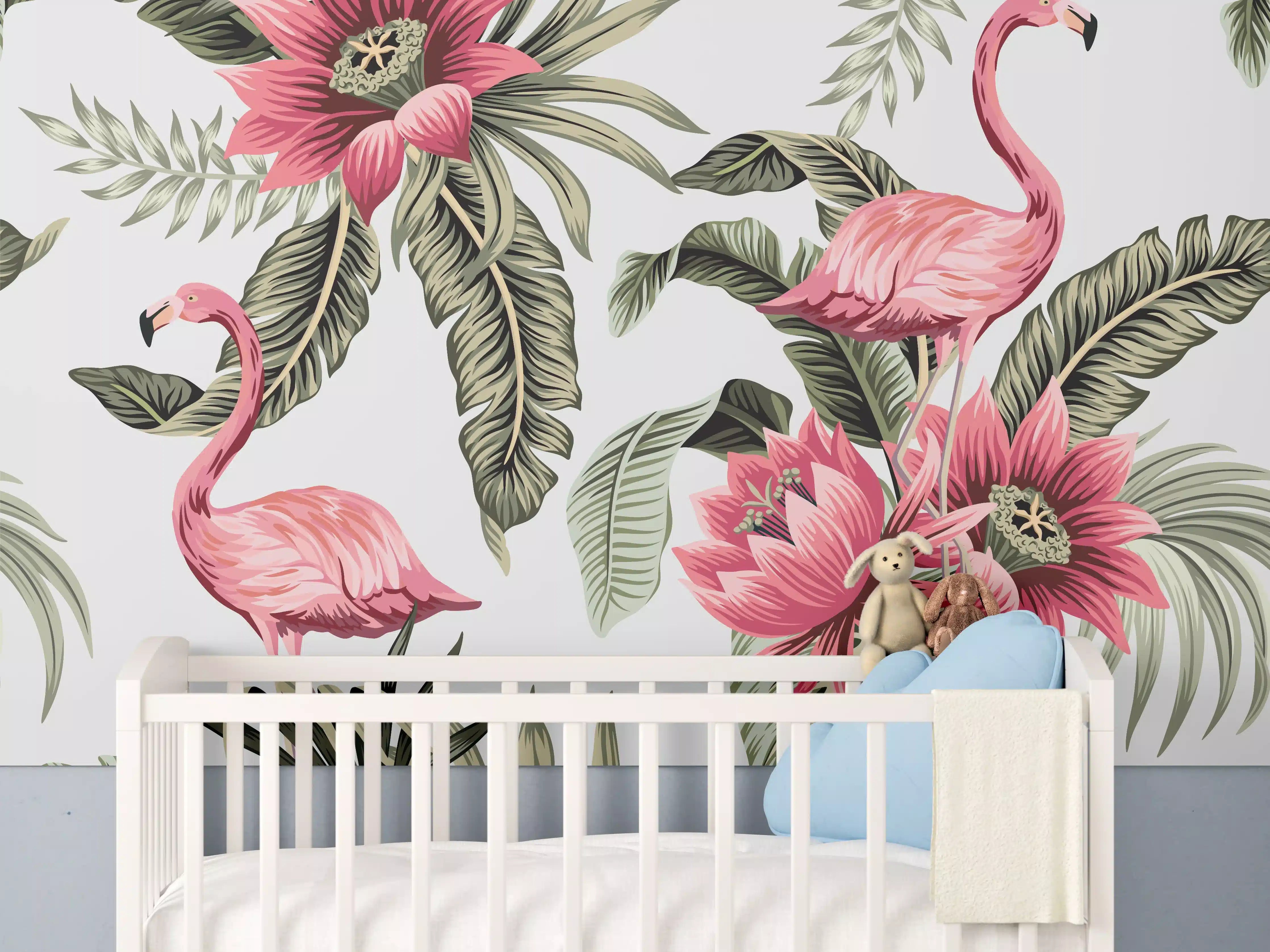 Babyzimmer Wandgestaltung - Tropischer Flamingo-Blumen-Print