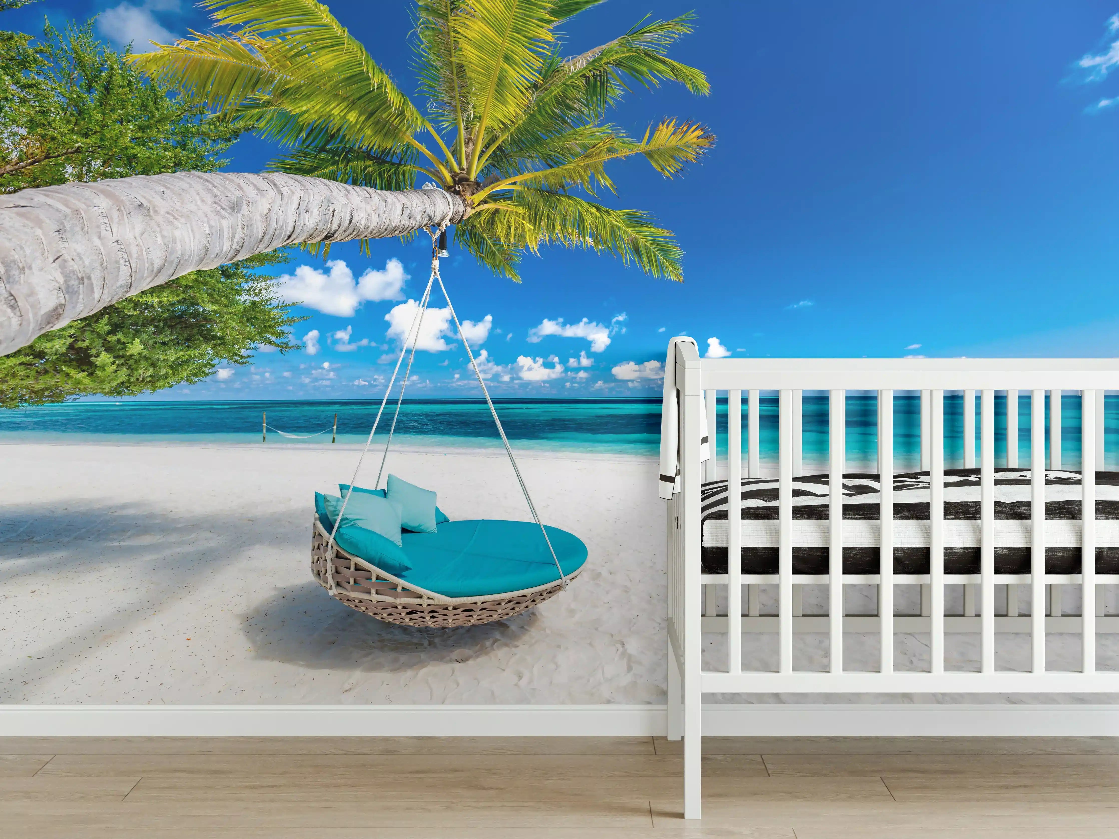 Babyzimmer Wandgestaltung - Tropischer Strand mit Hängebett