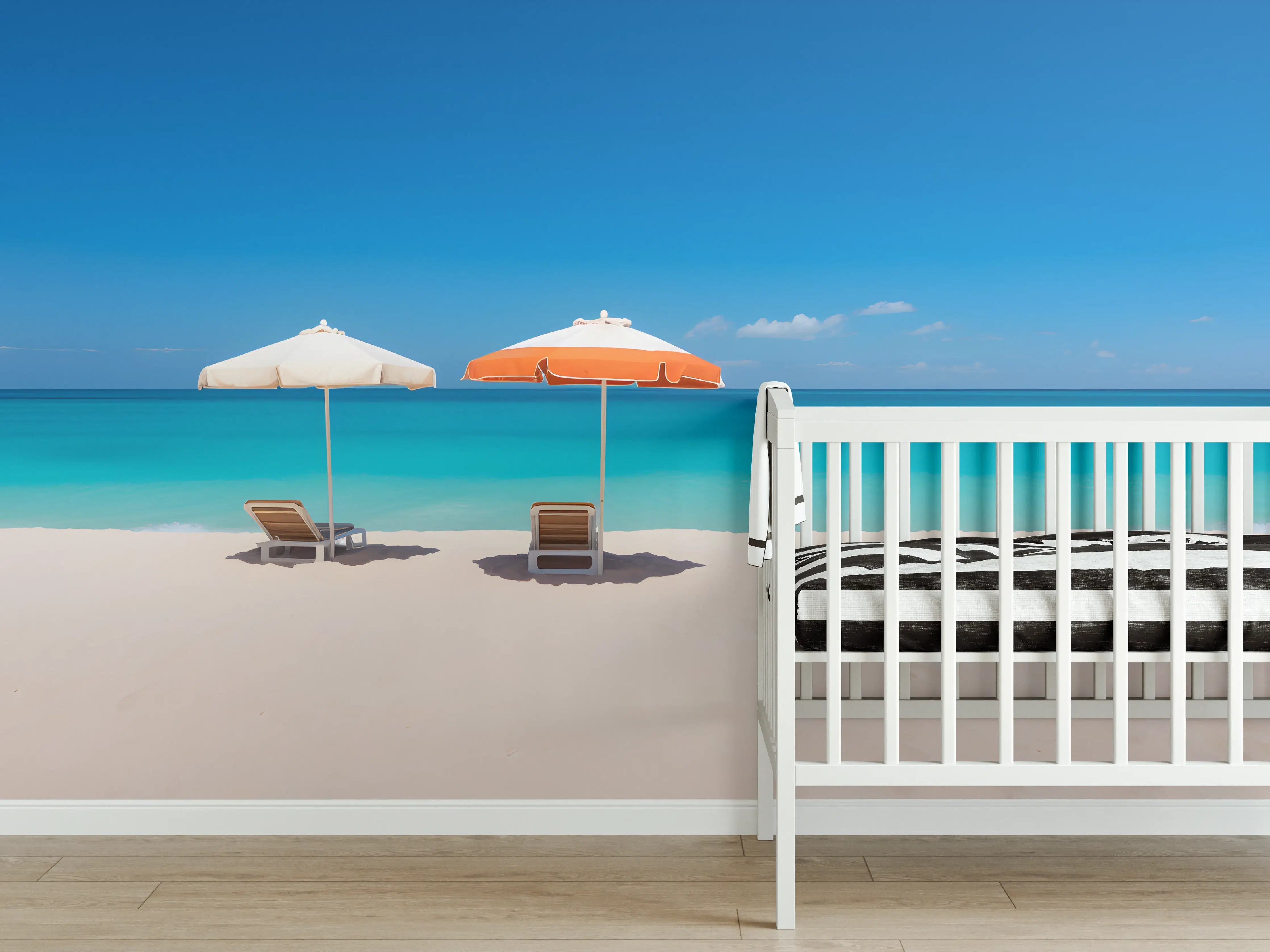 Babyzimmer Wandgestaltung - Tropischer Strand mit Sonnenschirmen