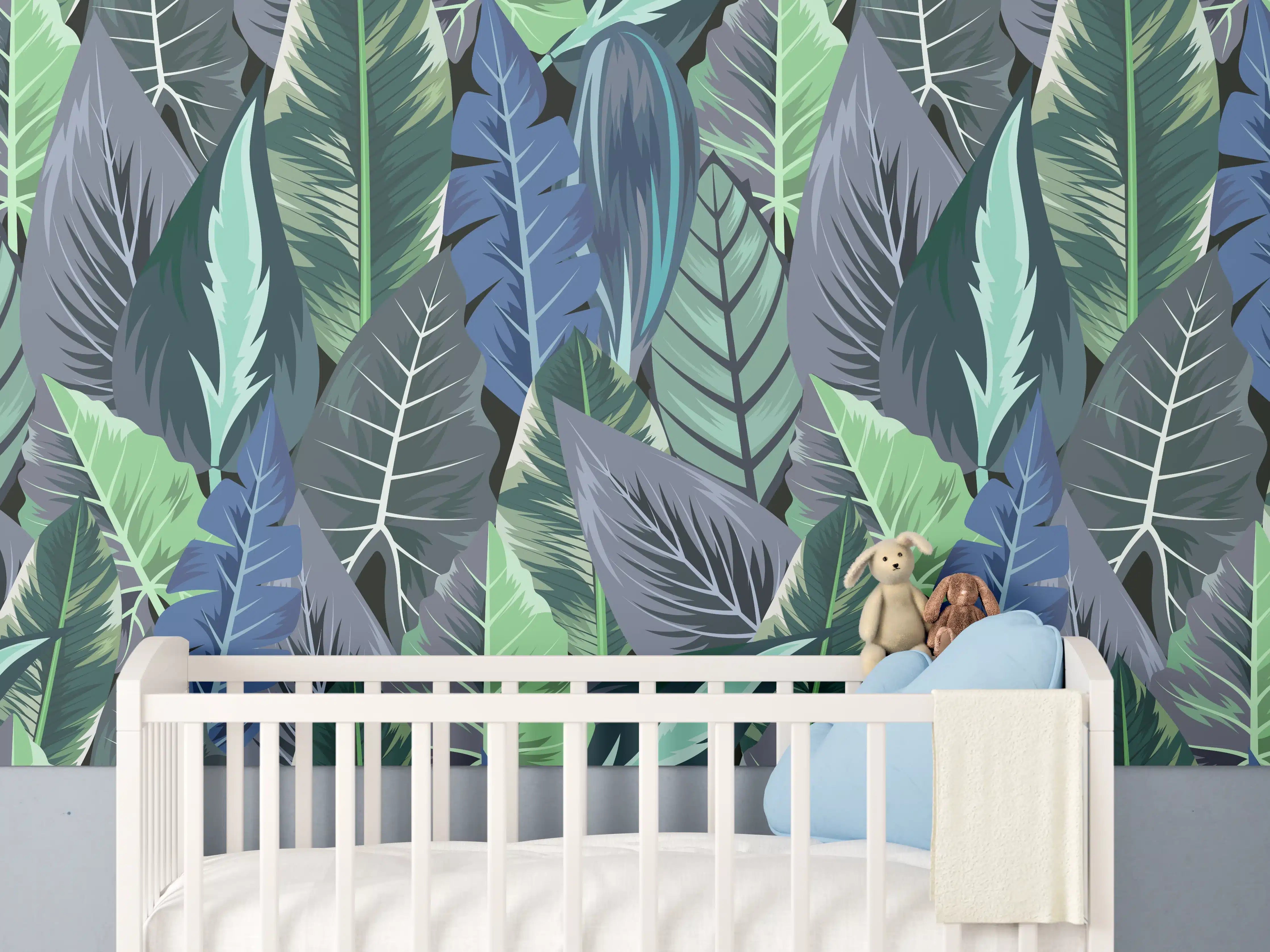Babyzimmer Wandgestaltung - Tropisches Blatt-Labyrinth Grün-Blau