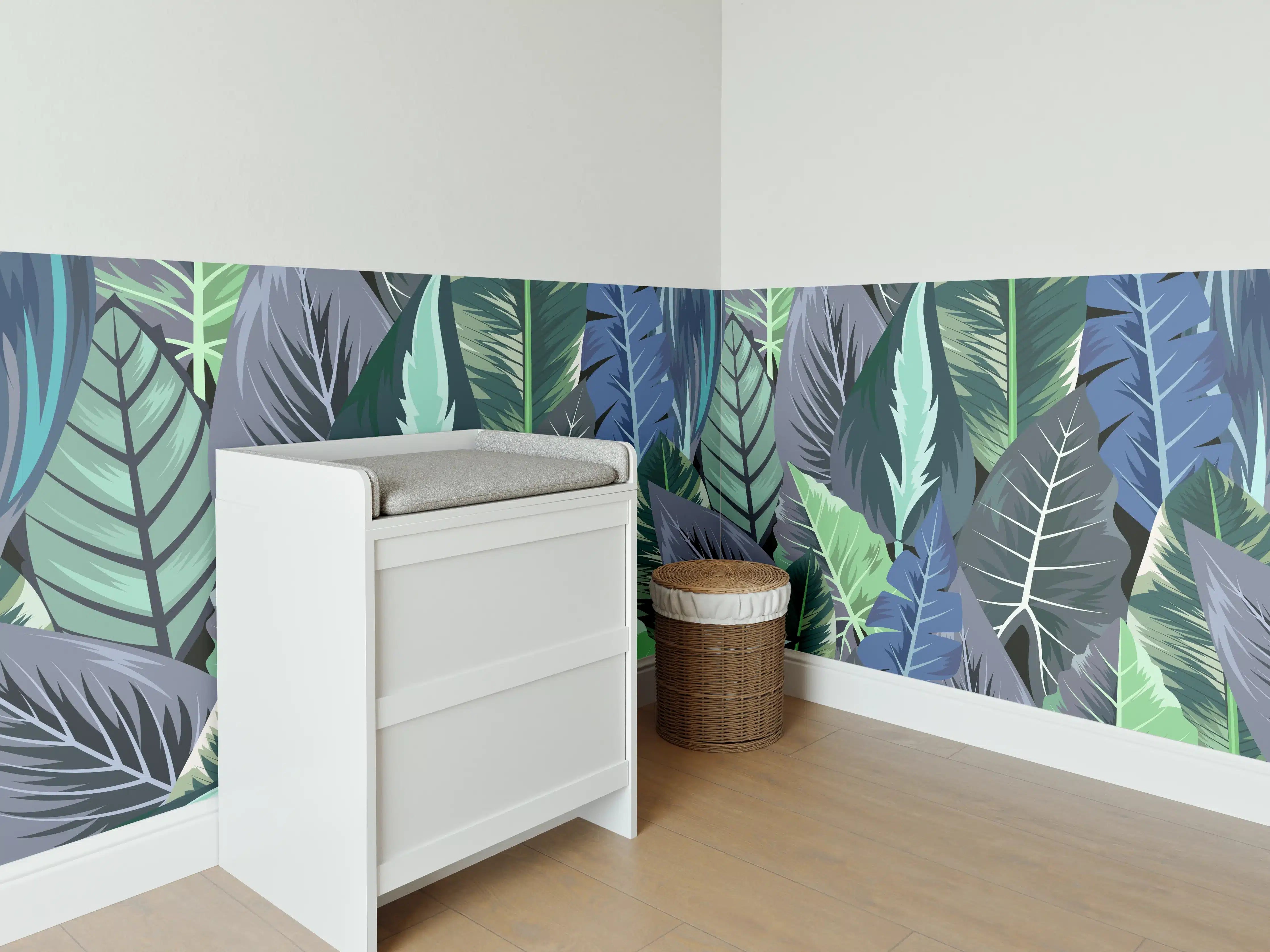 Babyzimmer Wandgestaltung - Tropisches Blatt-Labyrinth Grün-Blau
