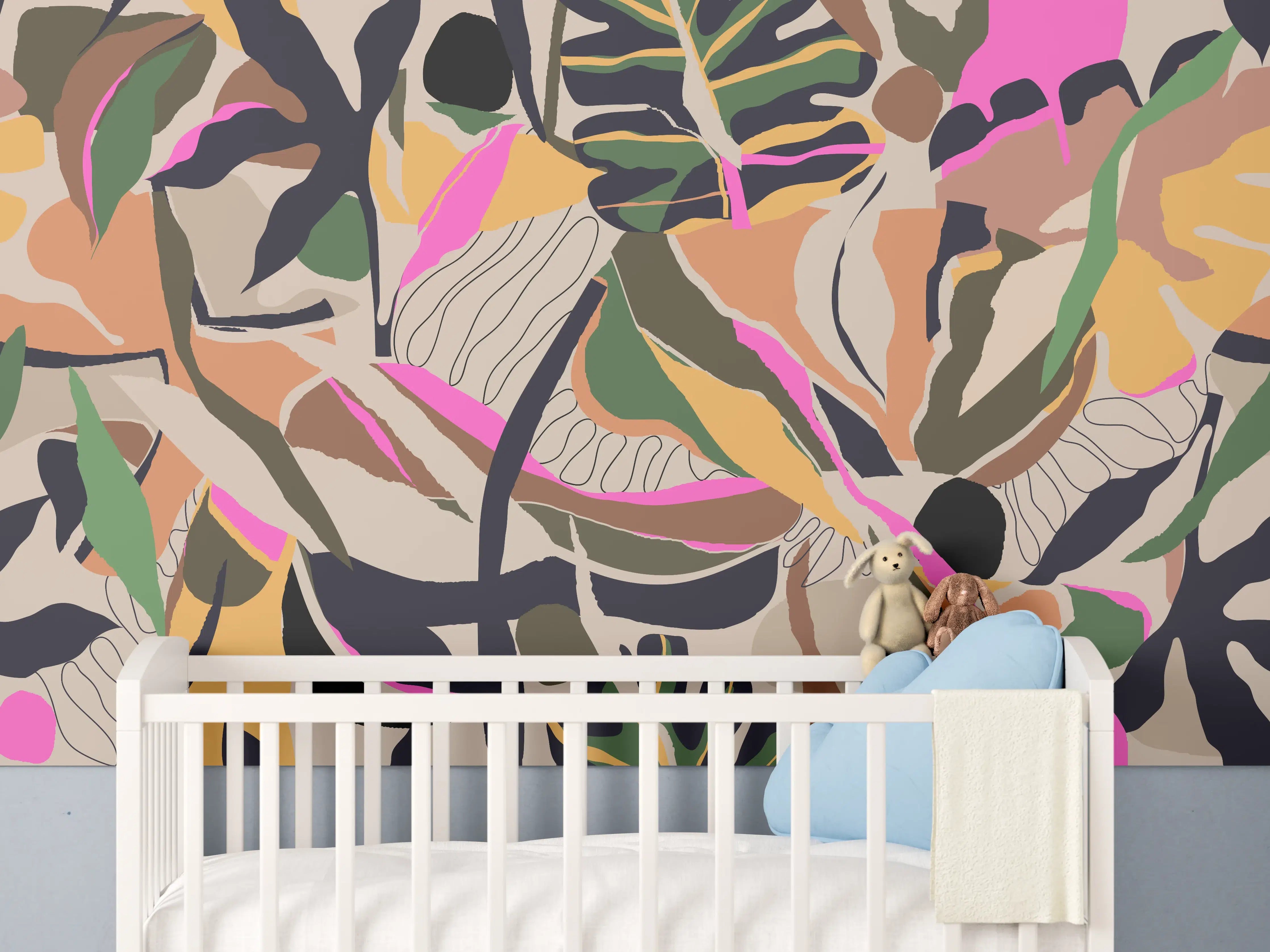 Babyzimmer Wandgestaltung - Tropisches Blattmuster Beige-Pink
