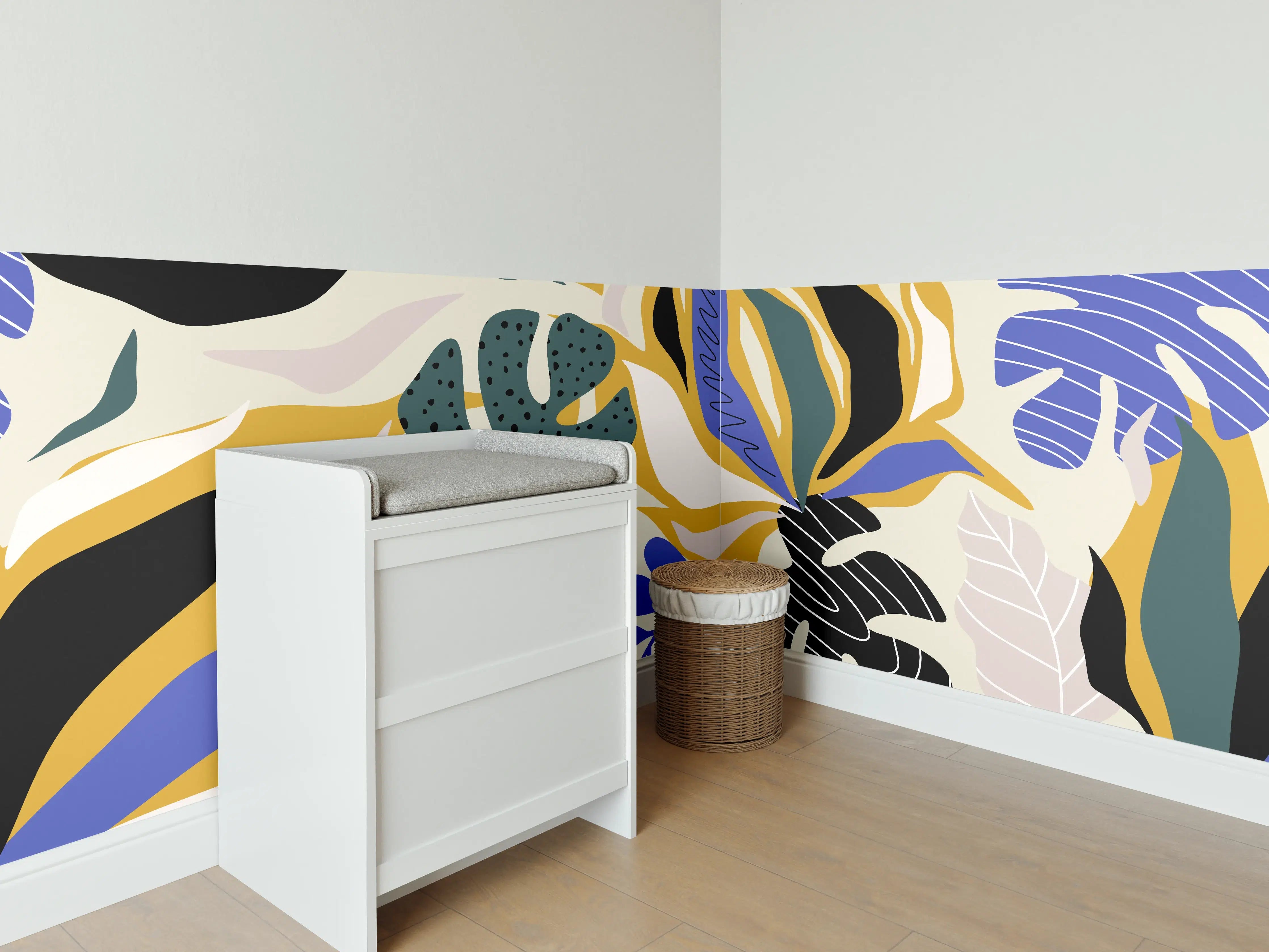 Babyzimmer Wandgestaltung - Tropisches Blattmuster Gelb-Blau