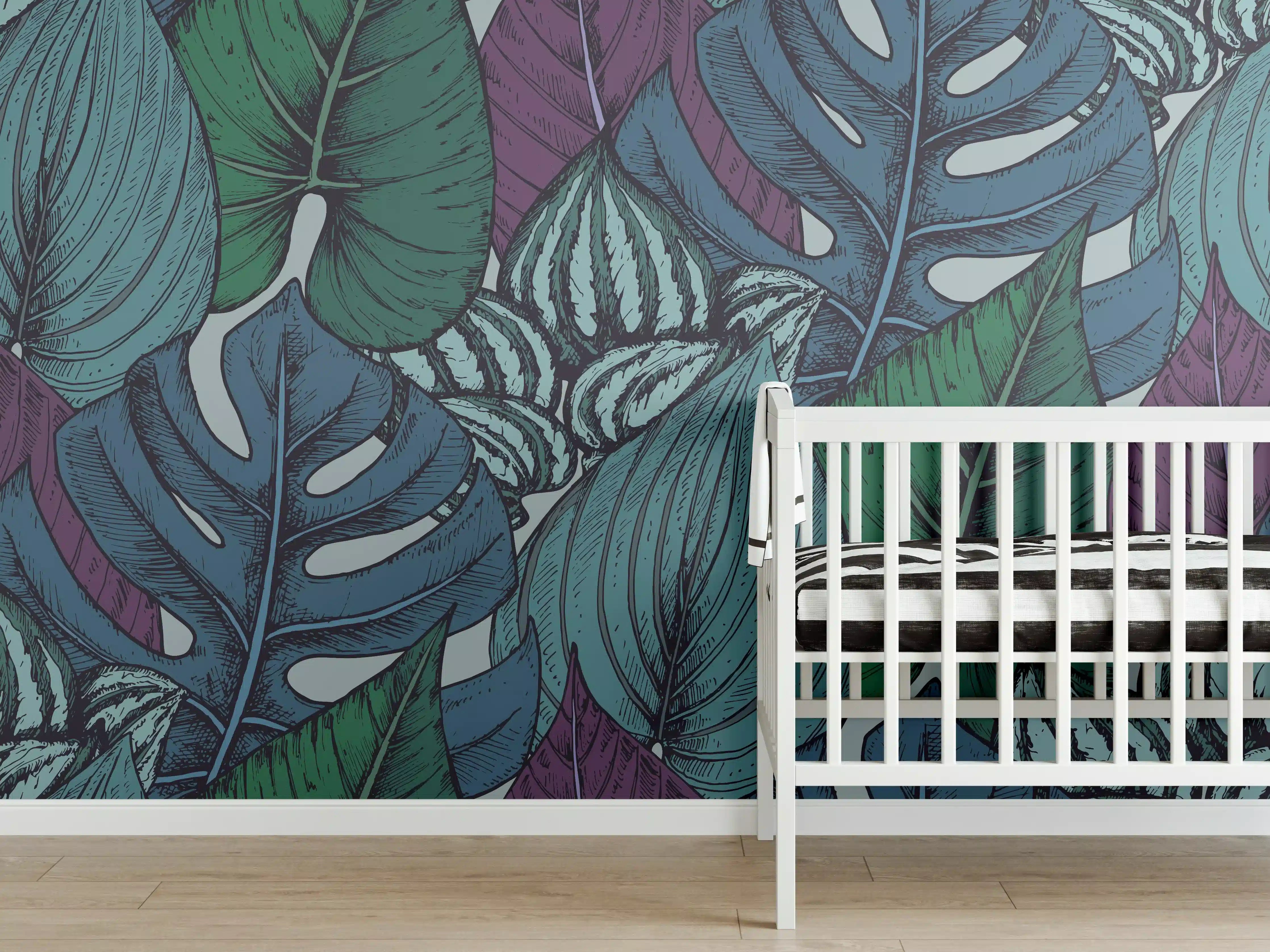 Babyzimmer Wandgestaltung - Tropisches Blattmuster Türkis-Lila