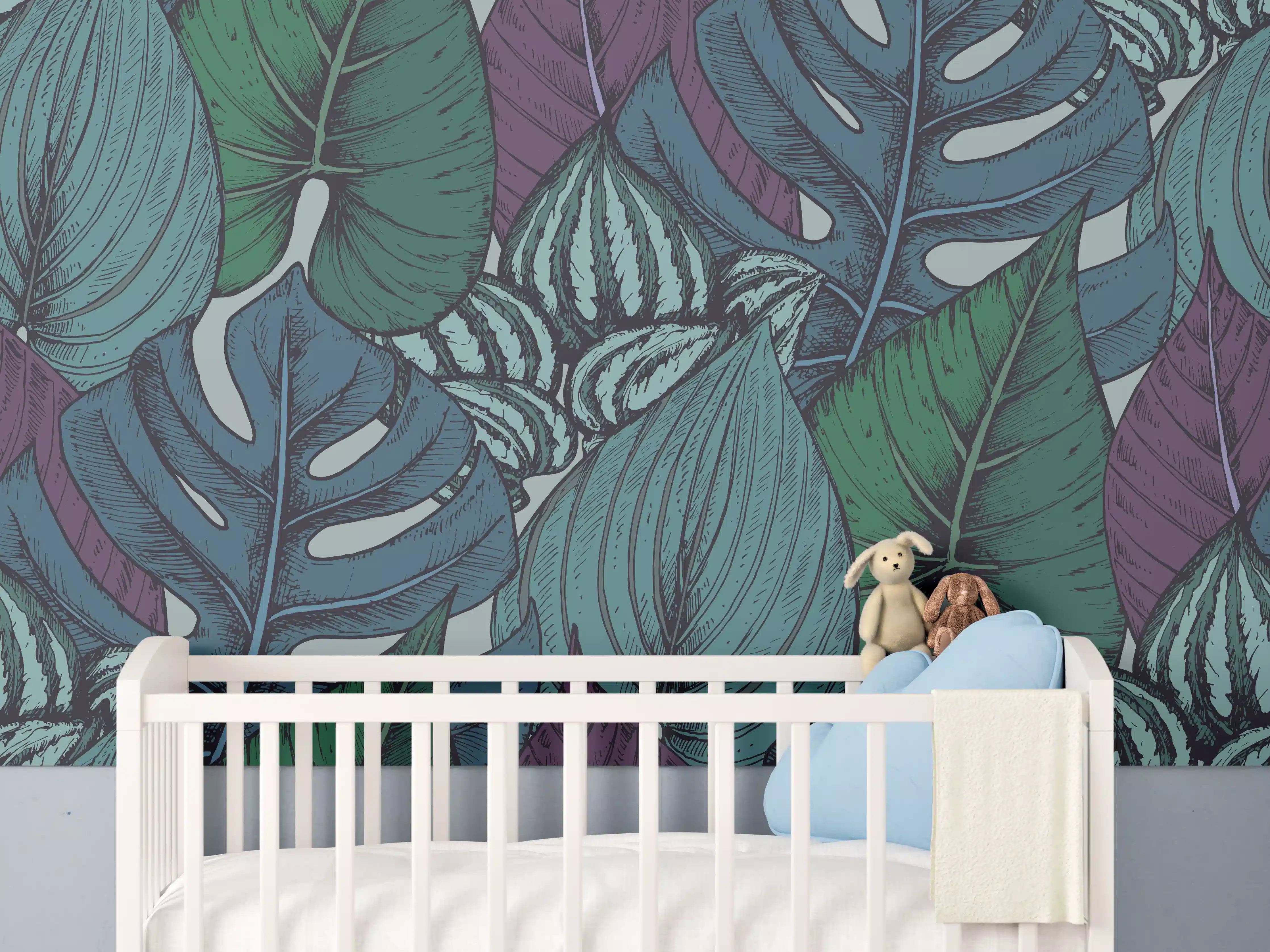 Babyzimmer Wandgestaltung - Tropisches Blattmuster Türkis-Lila