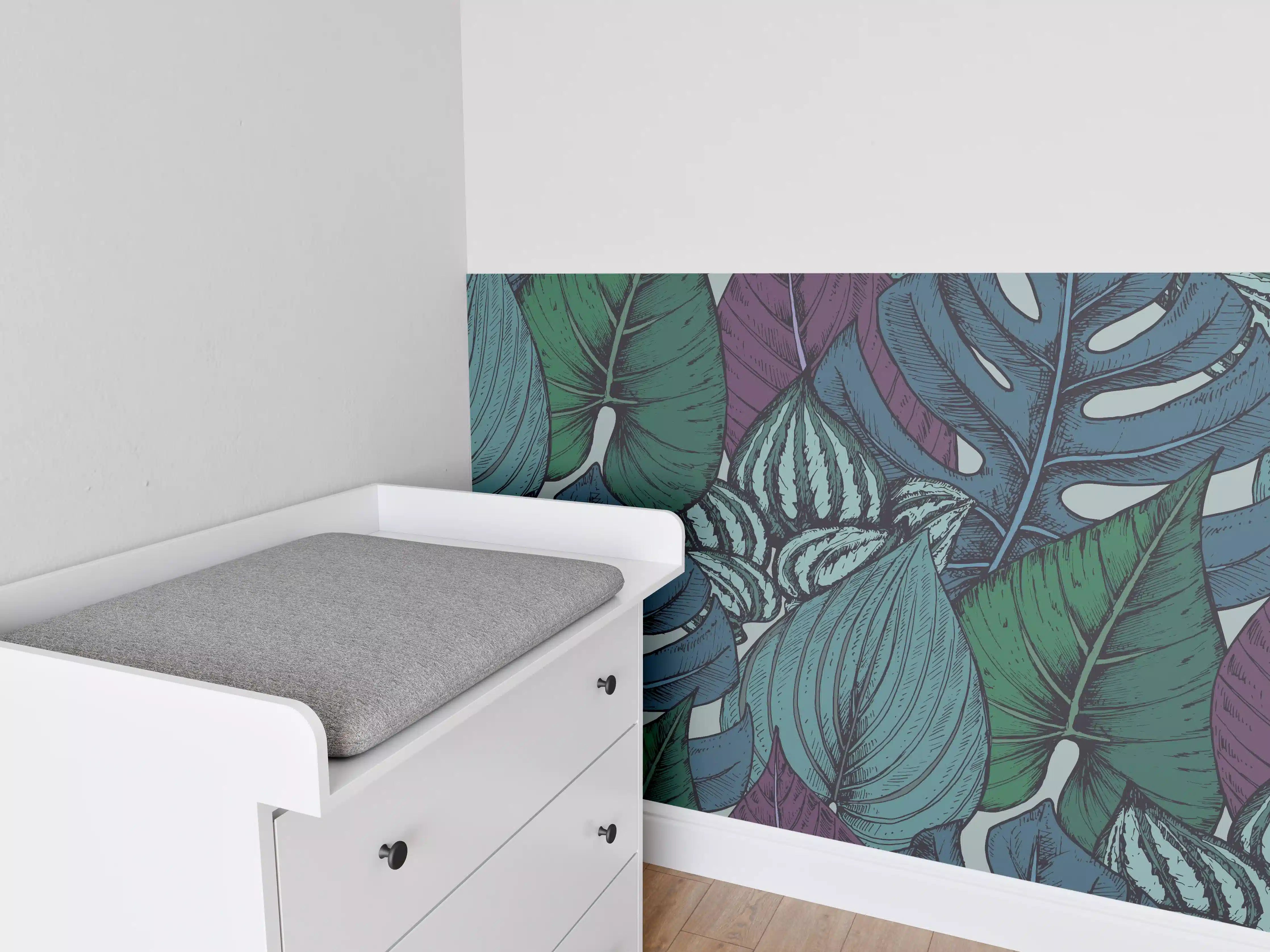 Babyzimmer Wandgestaltung - Tropisches Blattmuster Türkis-Lila