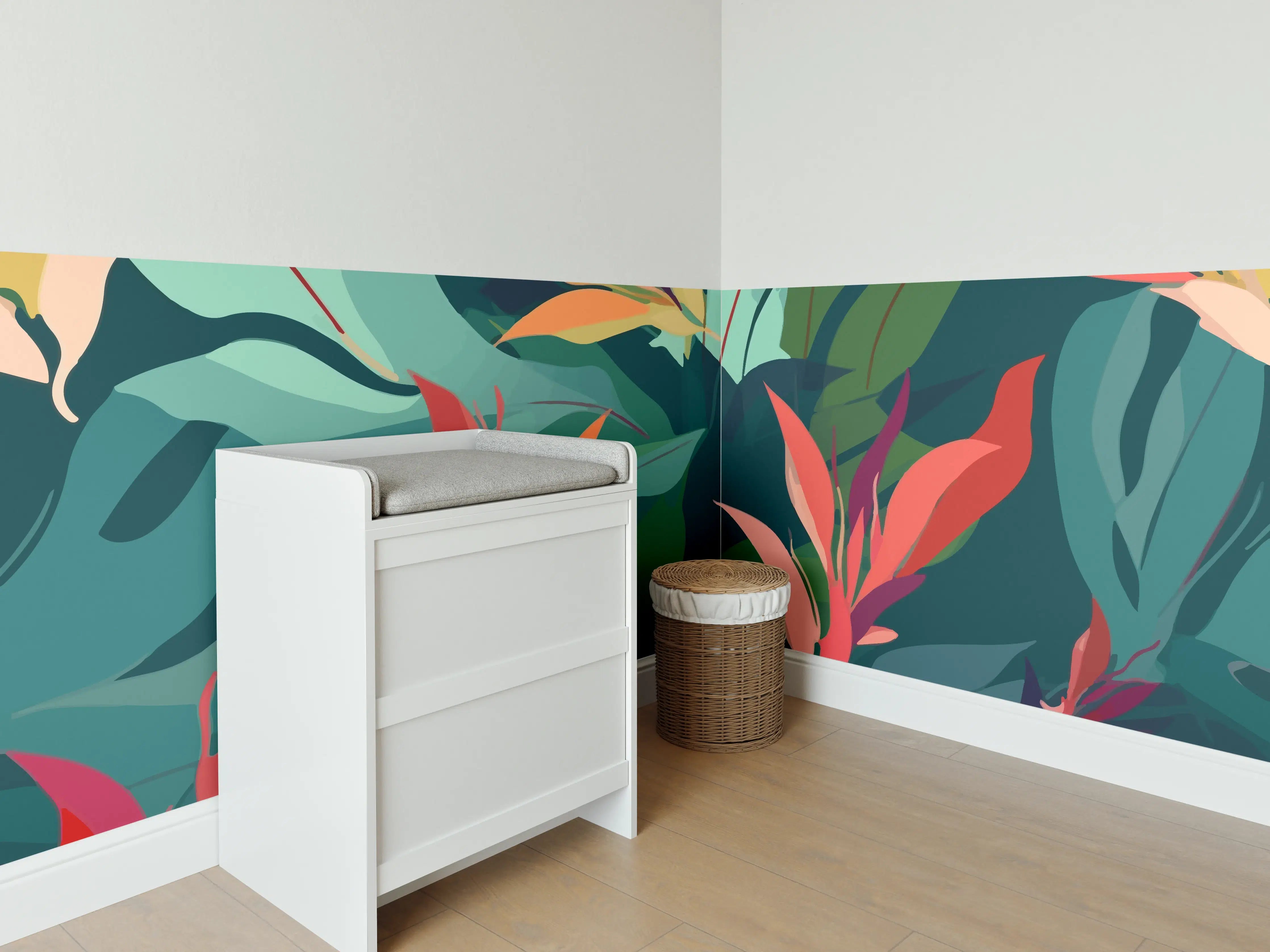 Babyzimmer Wandgestaltung - Tropisches Blütenblattmuster Grün-Türkis