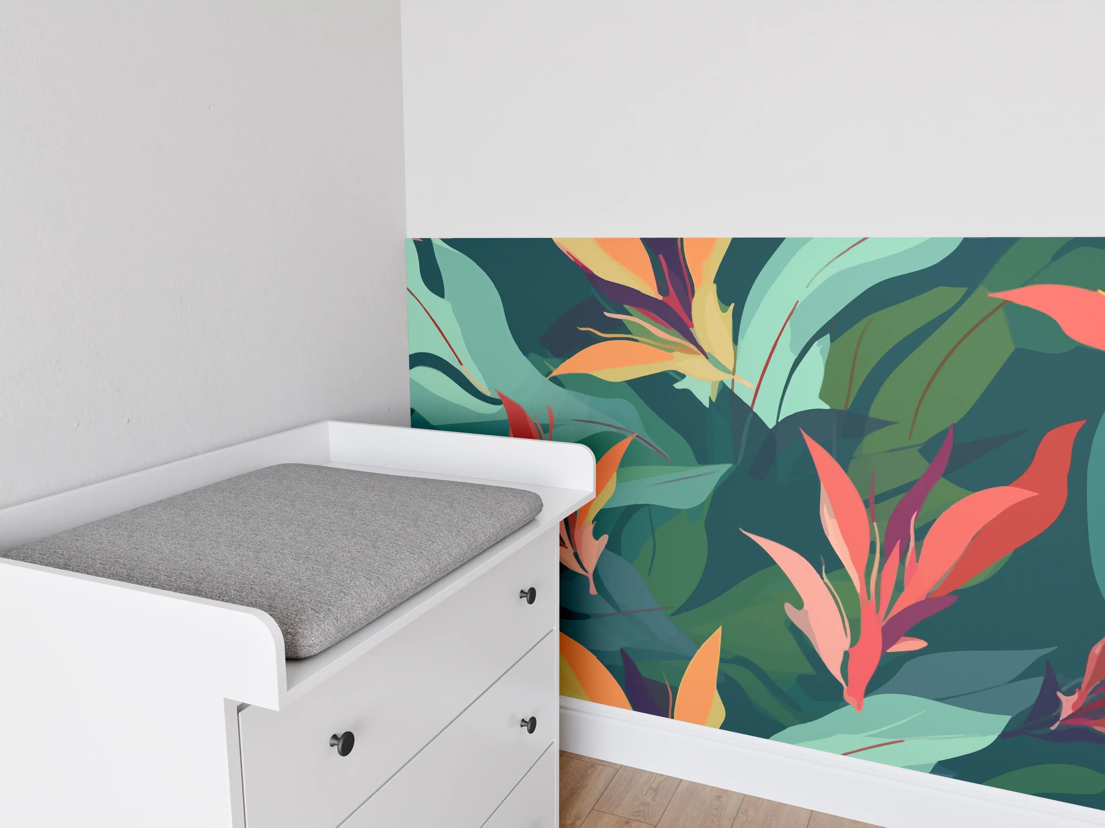 Babyzimmer Wandgestaltung - Tropisches Blütenblattmuster Grün-Türkis