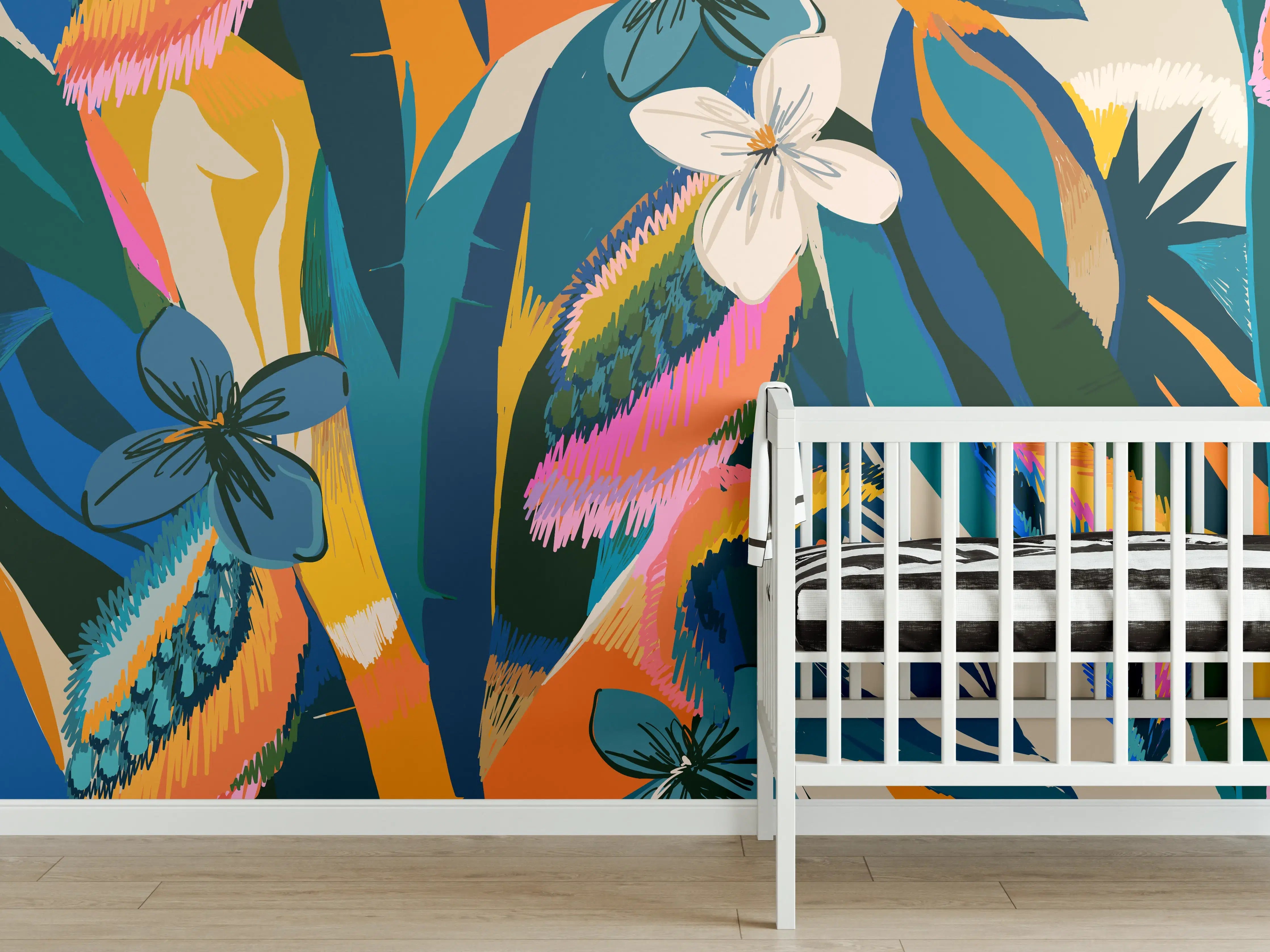 Babyzimmer Wandgestaltung - Tropisches Blumenmuster Blau-Orange