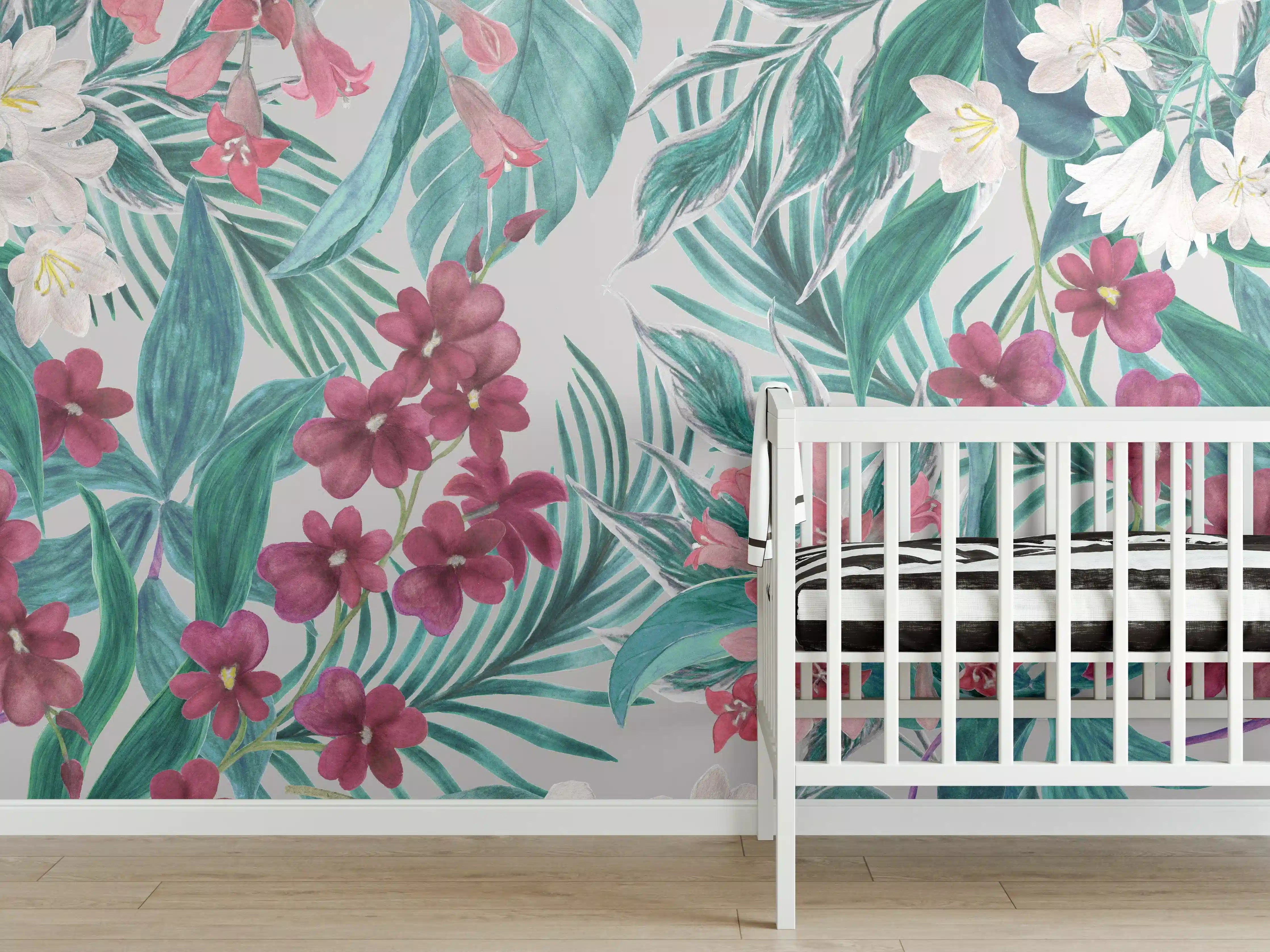 Babyzimmer Wandgestaltung - Tropisches Blumenmuster Rosa-Grau