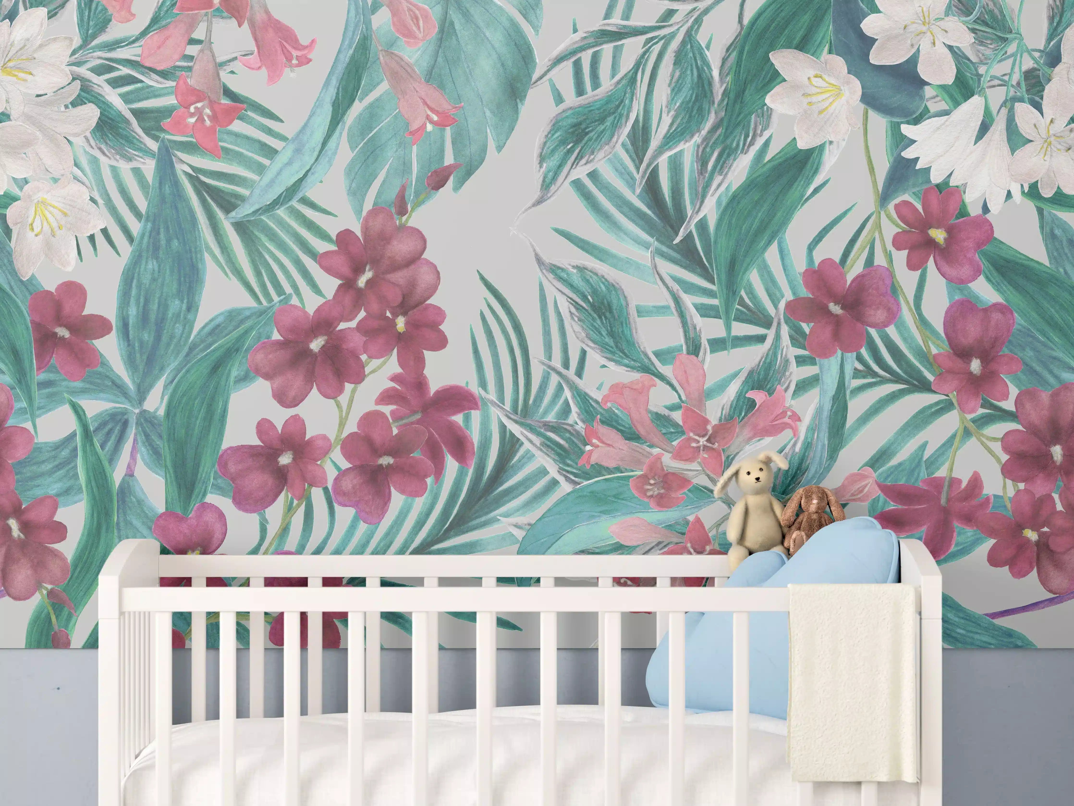 Babyzimmer Wandgestaltung - Tropisches Blumenmuster Rosa-Grau