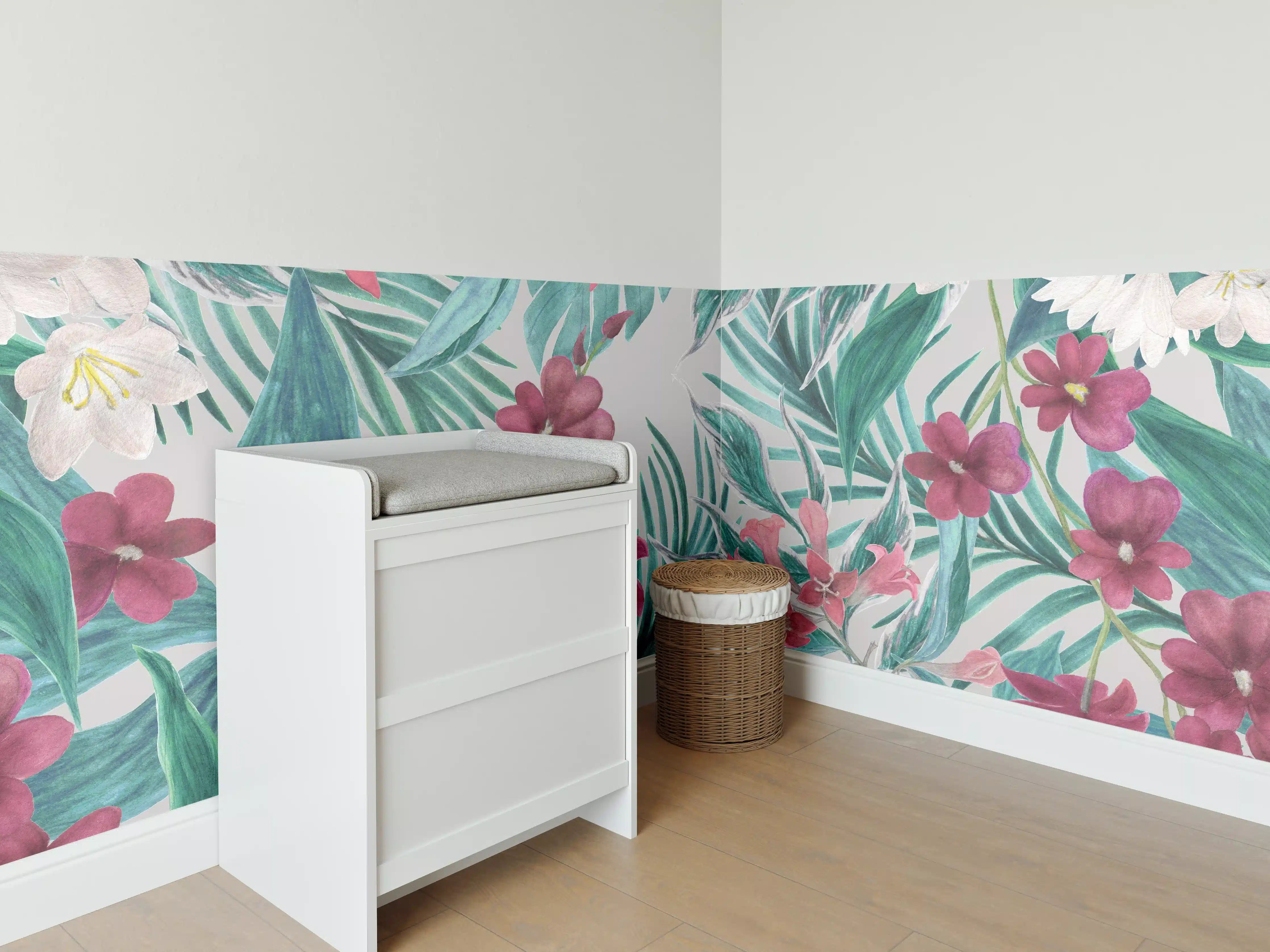 Babyzimmer Wandgestaltung - Tropisches Blumenmuster Rosa-Grau