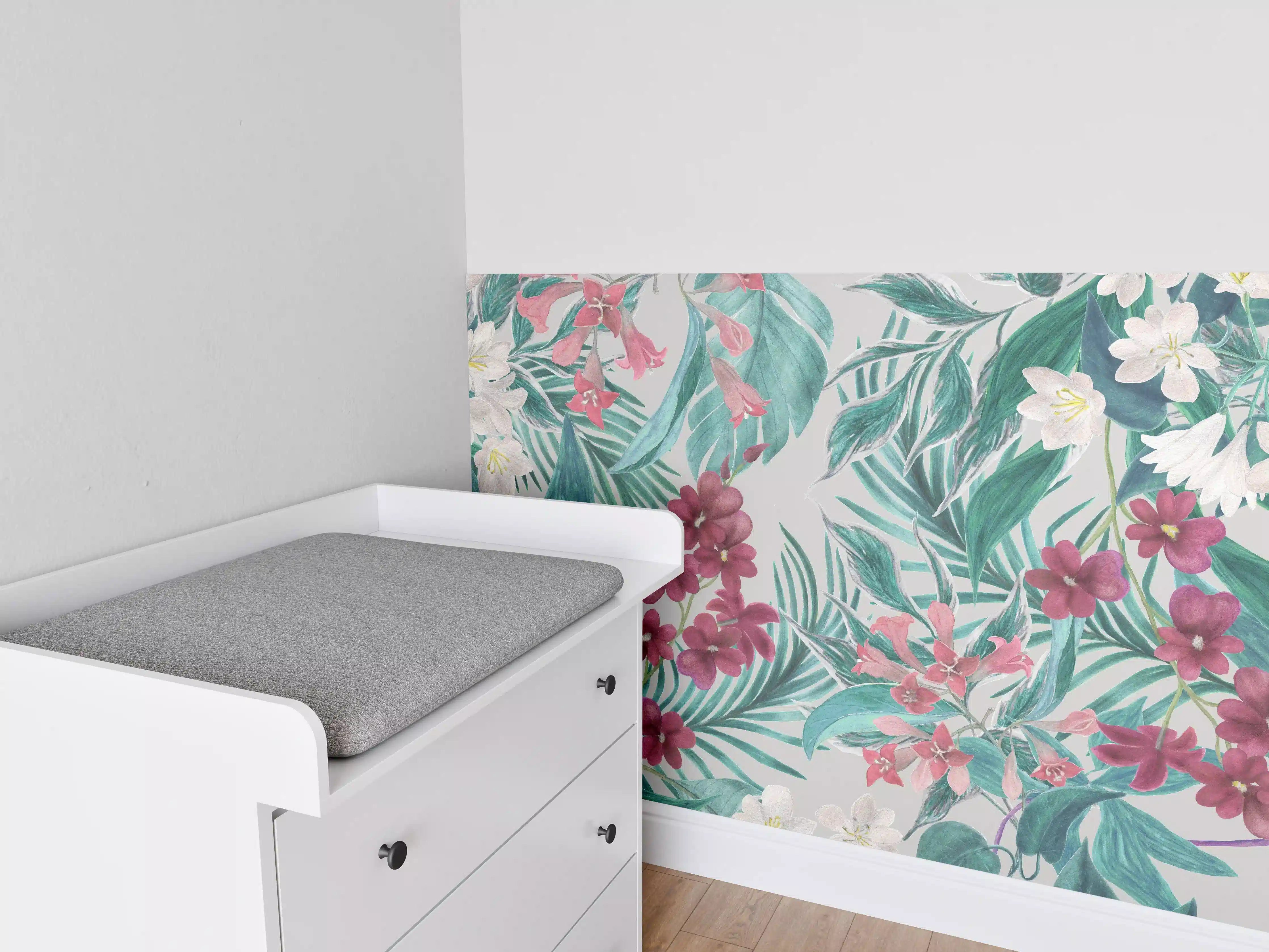 Babyzimmer Wandgestaltung - Tropisches Blumenmuster Rosa-Grau