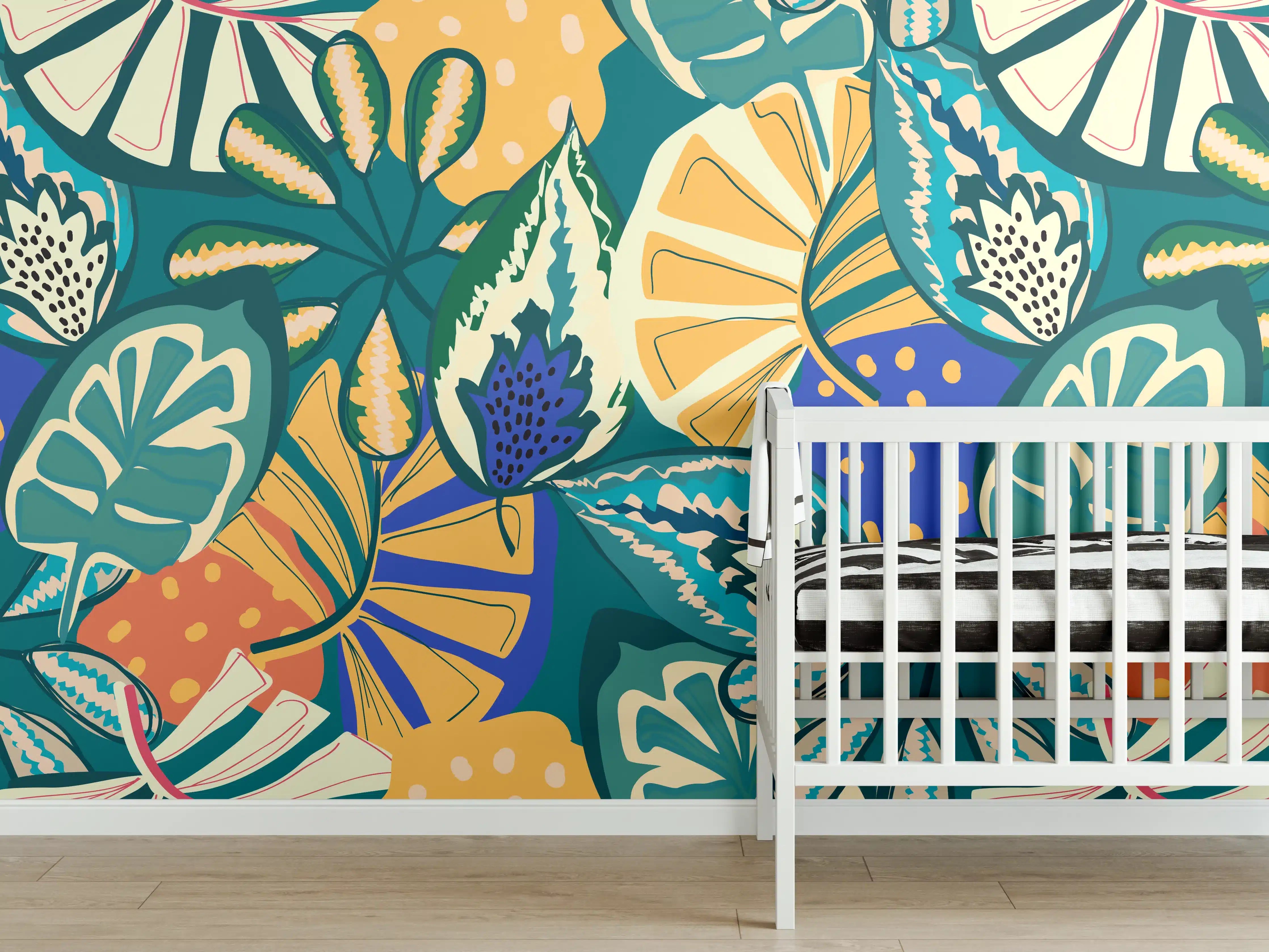Babyzimmer Wandgestaltung - Tropisches Blumenmuster Türkis