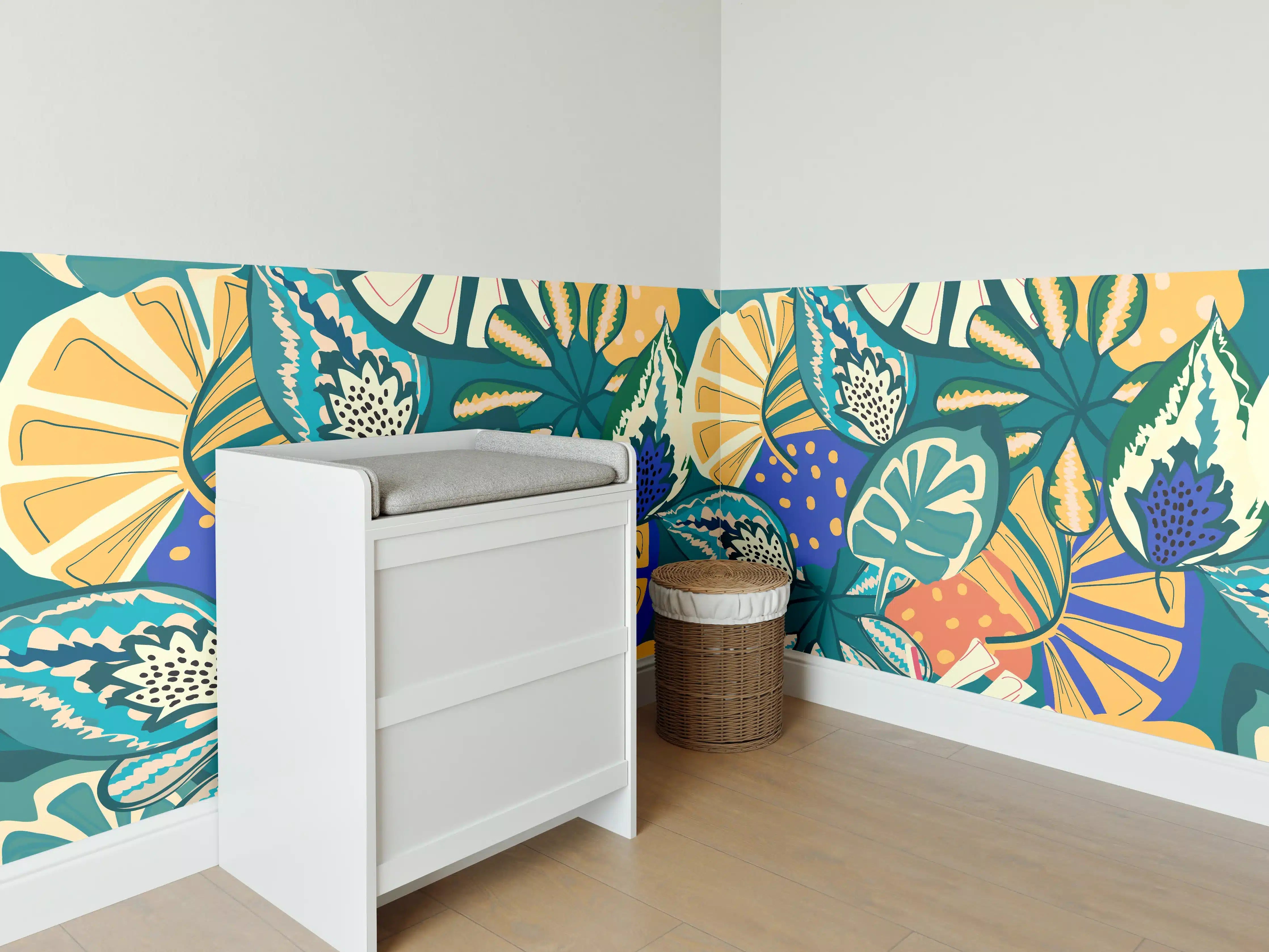 Babyzimmer Wandgestaltung - Tropisches Blumenmuster Türkis