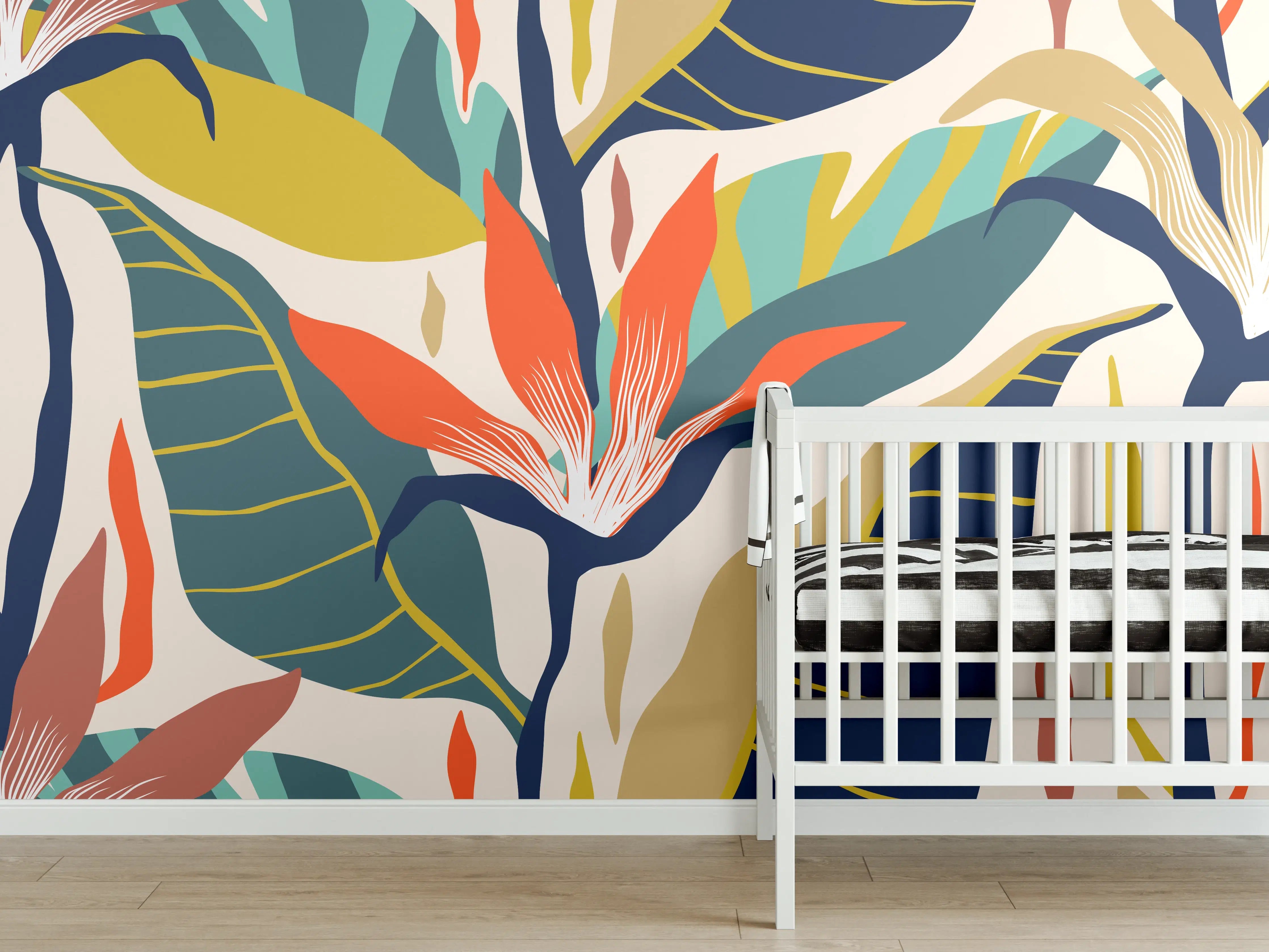 Babyzimmer Wandgestaltung - Tropisches Botanik-Muster Blau-Gelb