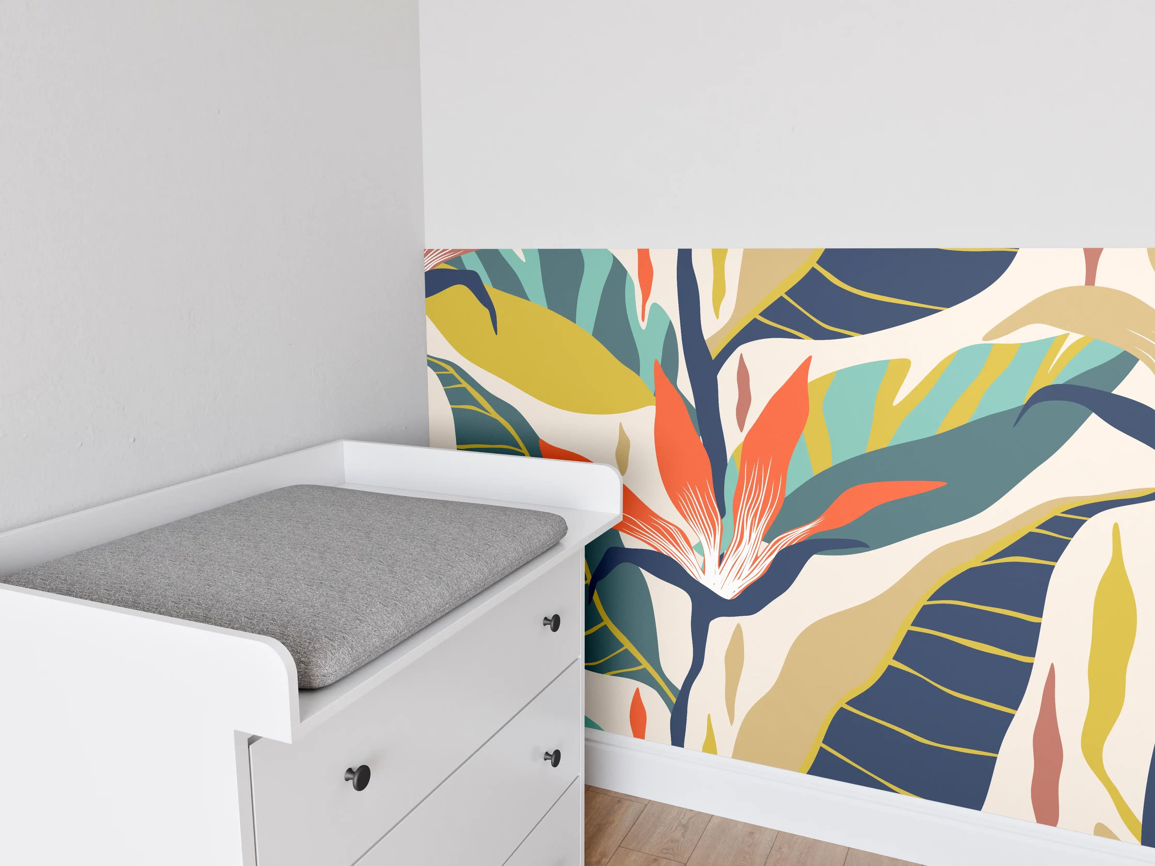 Babyzimmer Wandgestaltung - Tropisches Botanik-Muster Blau-Gelb