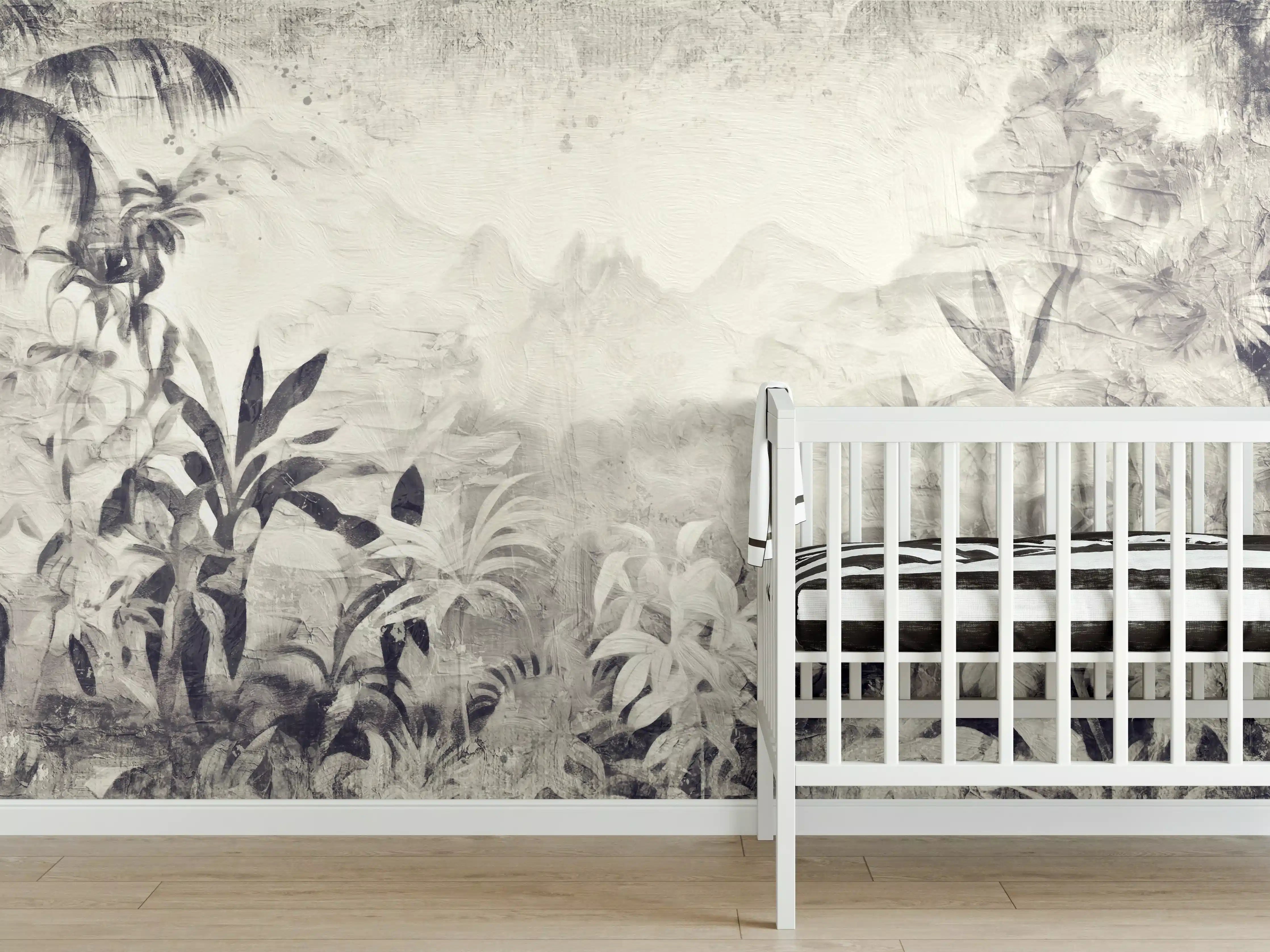 Babyzimmer Wandgestaltung - Tropisches Dschungelpanorama in Grauweiß
